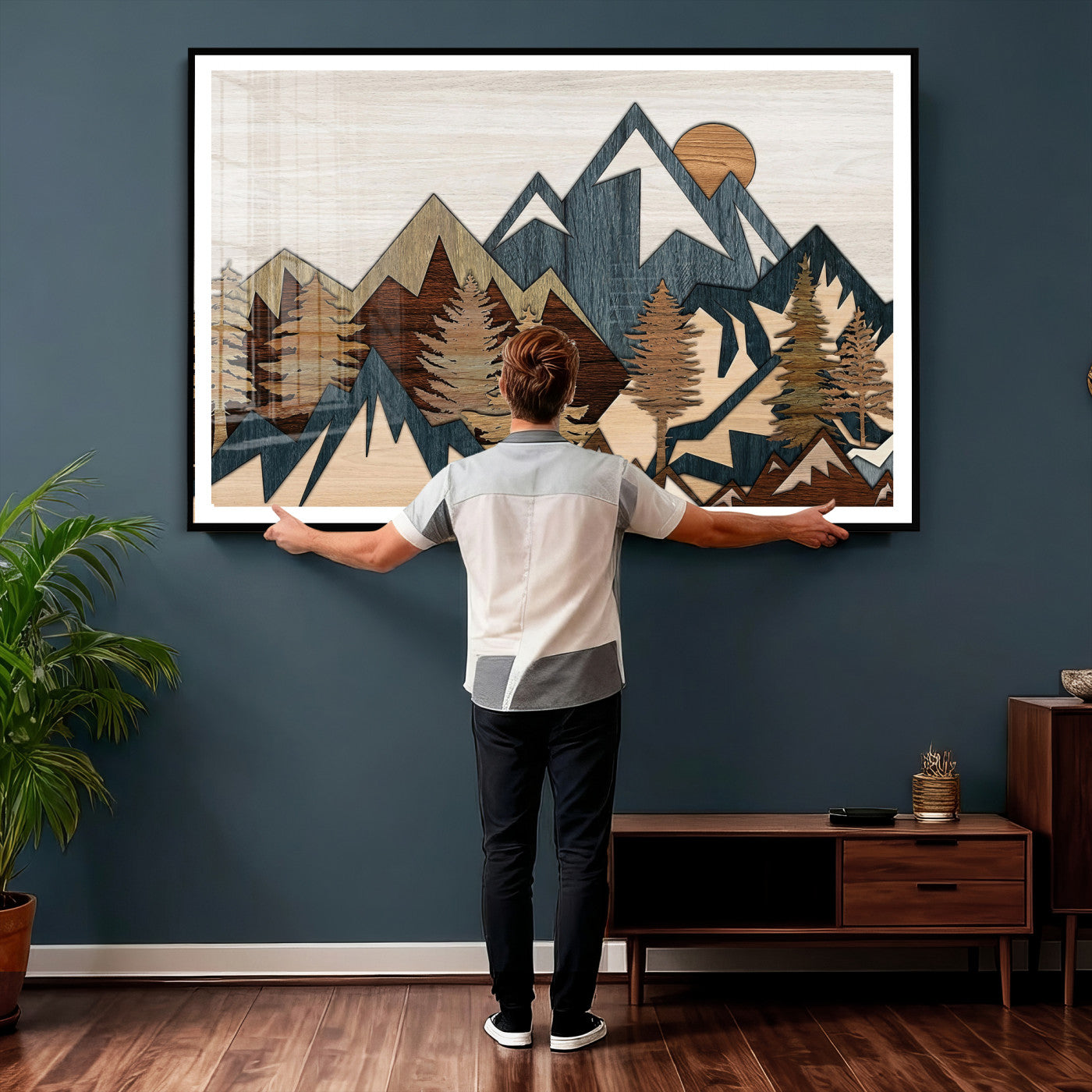 61833055-MGV-CV-36X24 - Mountain Forest Wall Art Canvas Print, Layered Wood Landscape Artwork, Rustic Nature Wall Decor for Living Room