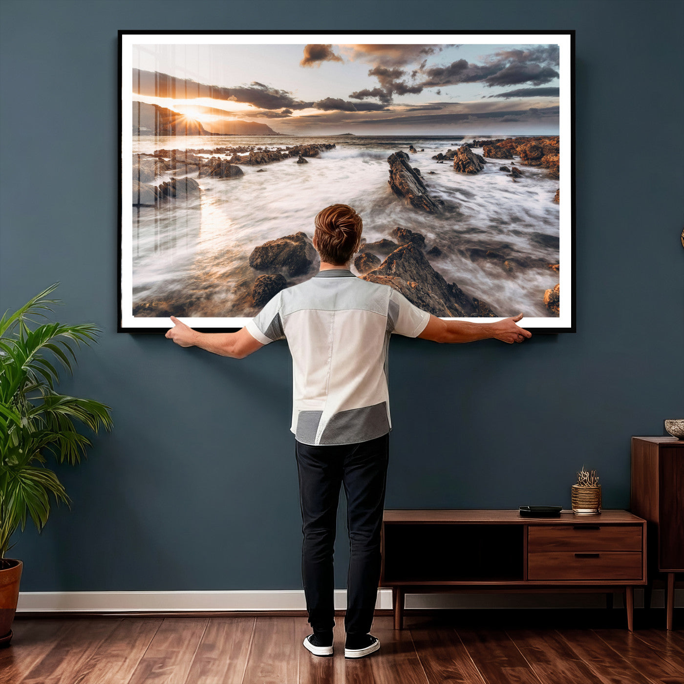 66746024-MGV-CV-36X24 - Rocky Coast Ocean Sunset Wall Art Canvas Print, Dramatic Seascape Nature Wall Decor for Living Room and Office