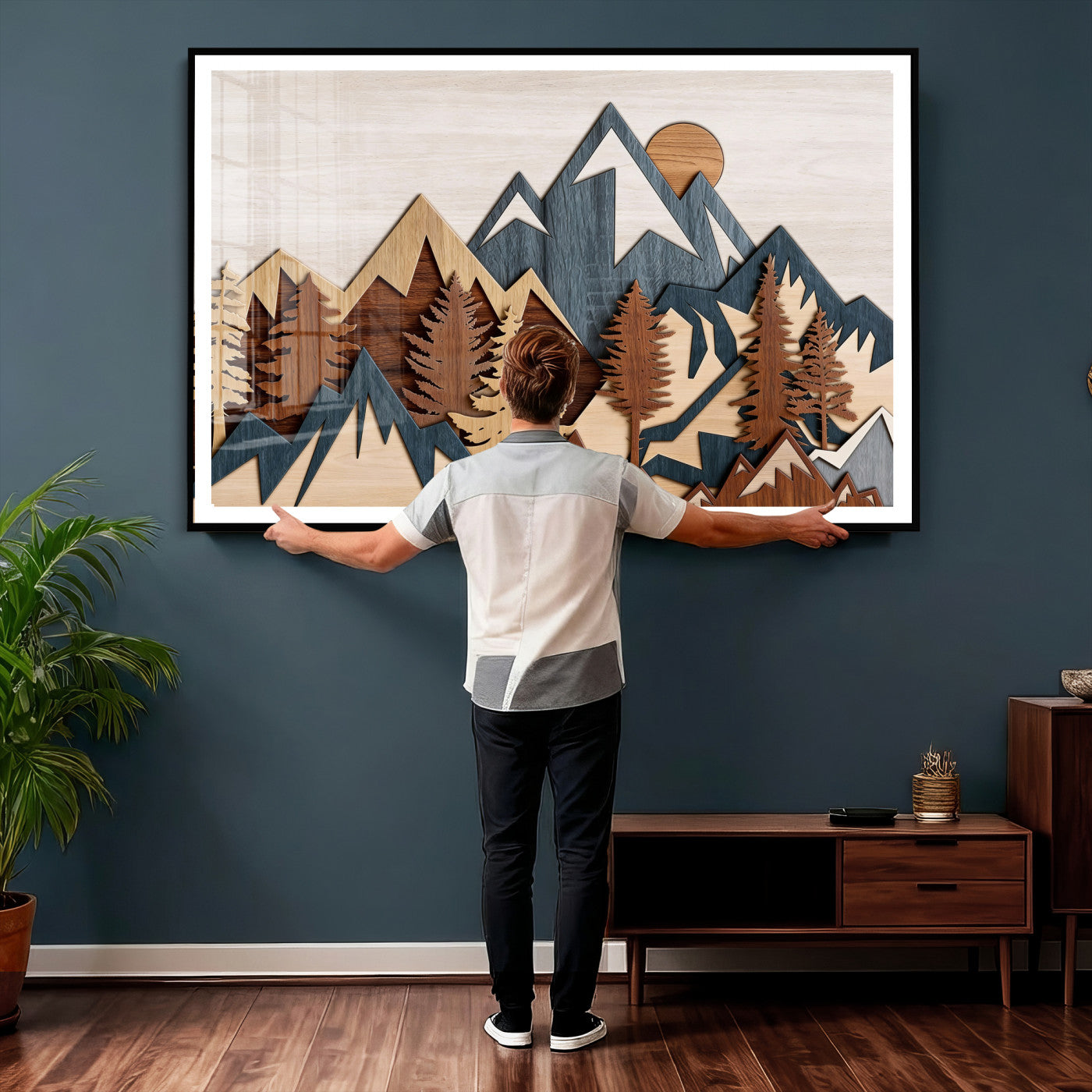 39888898-MGV-CV-36X24 - Layered Wooden Mountain Wall Art Canvas Print, Modern Rustic Forest and Pine Landscape Wall Decor
