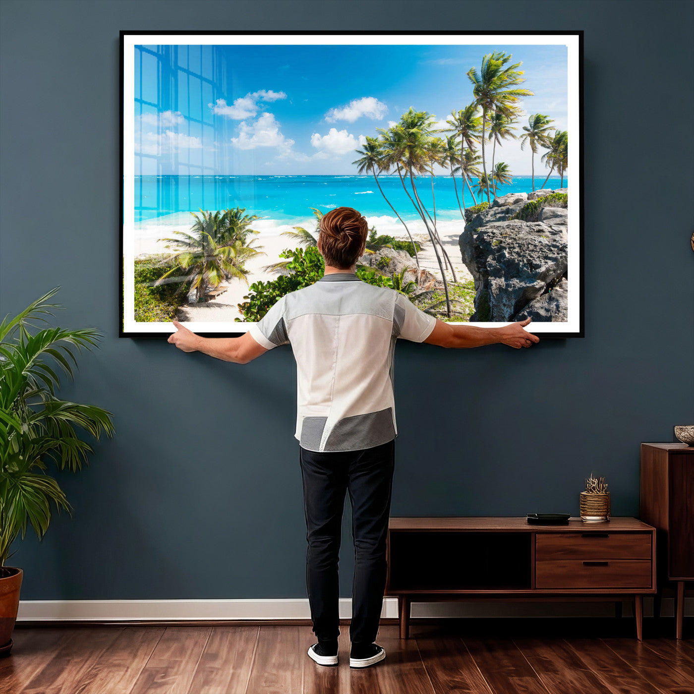98605610-MGV-CV-36X24 - Tropical Beach Wall Art Canvas Print, Palm Tree Ocean Landscape Photography, Caribbean Coastal Artwork
