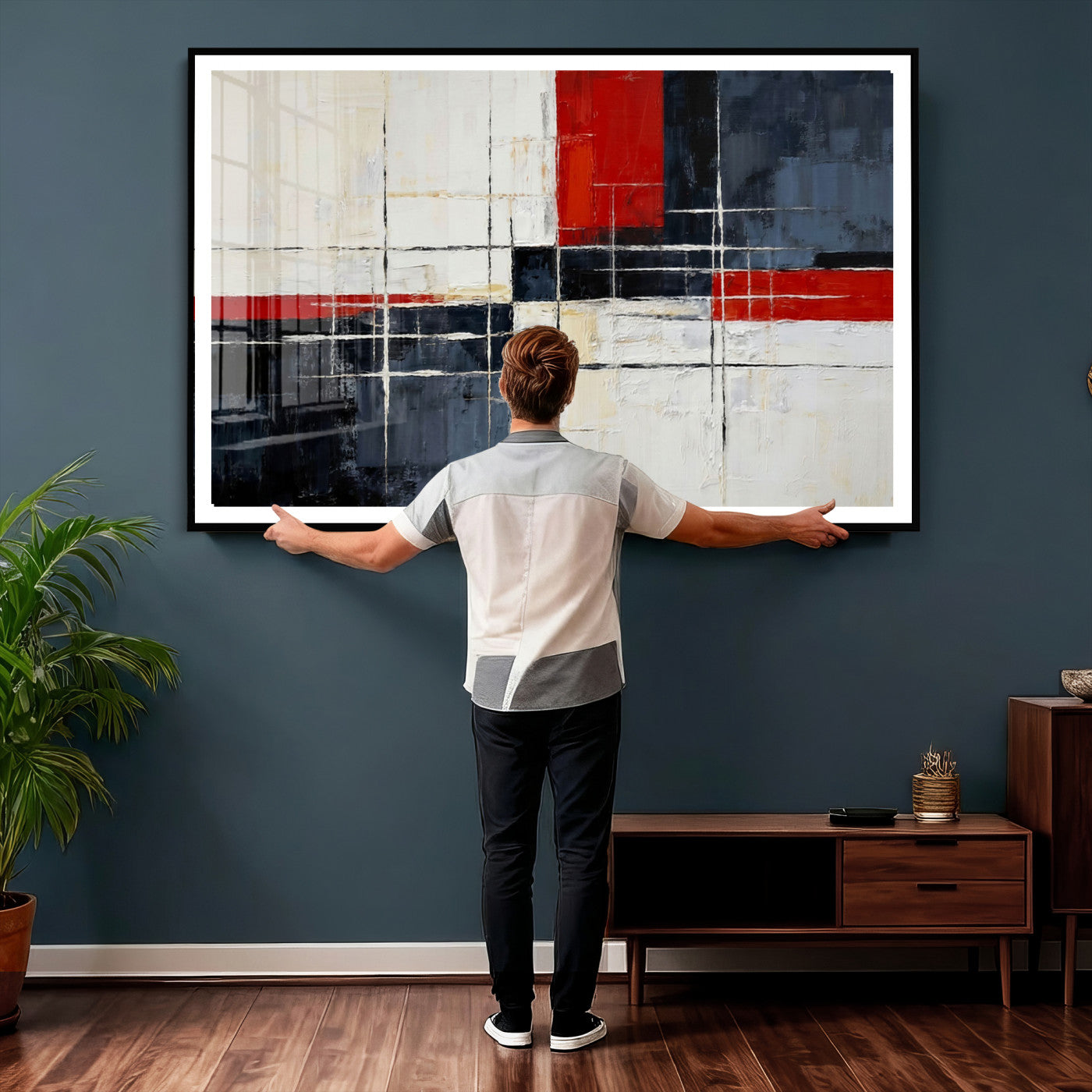 44088165-MGV-CV-36X24 - Navy Red Abstract Wall Art Canvas Print, Modern Luxury Geometric Painting Wall Decor for Living Room and Office
