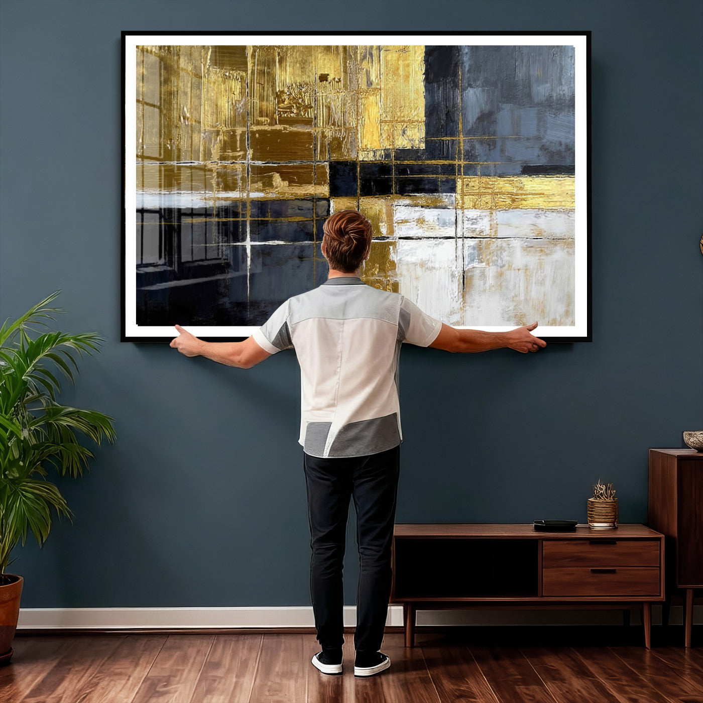 76917030-MGV-CV-36X24 - Gold Navy Abstract Wall Art Canvas Print, Modern Luxury Geometric Painting Wall Decor for Living Room and Office