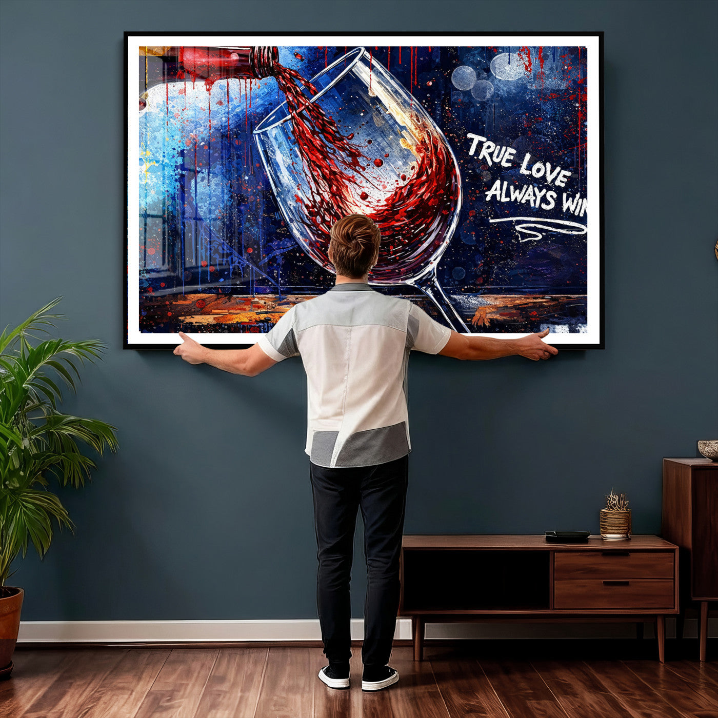 88788932-MGV-CV-36X24 - Red Wine Splash Abstract Wall Art Canvas Print, Modern Wine Glass Painting Canvas Print, Romantic Quote Contemporary Bar Art Print