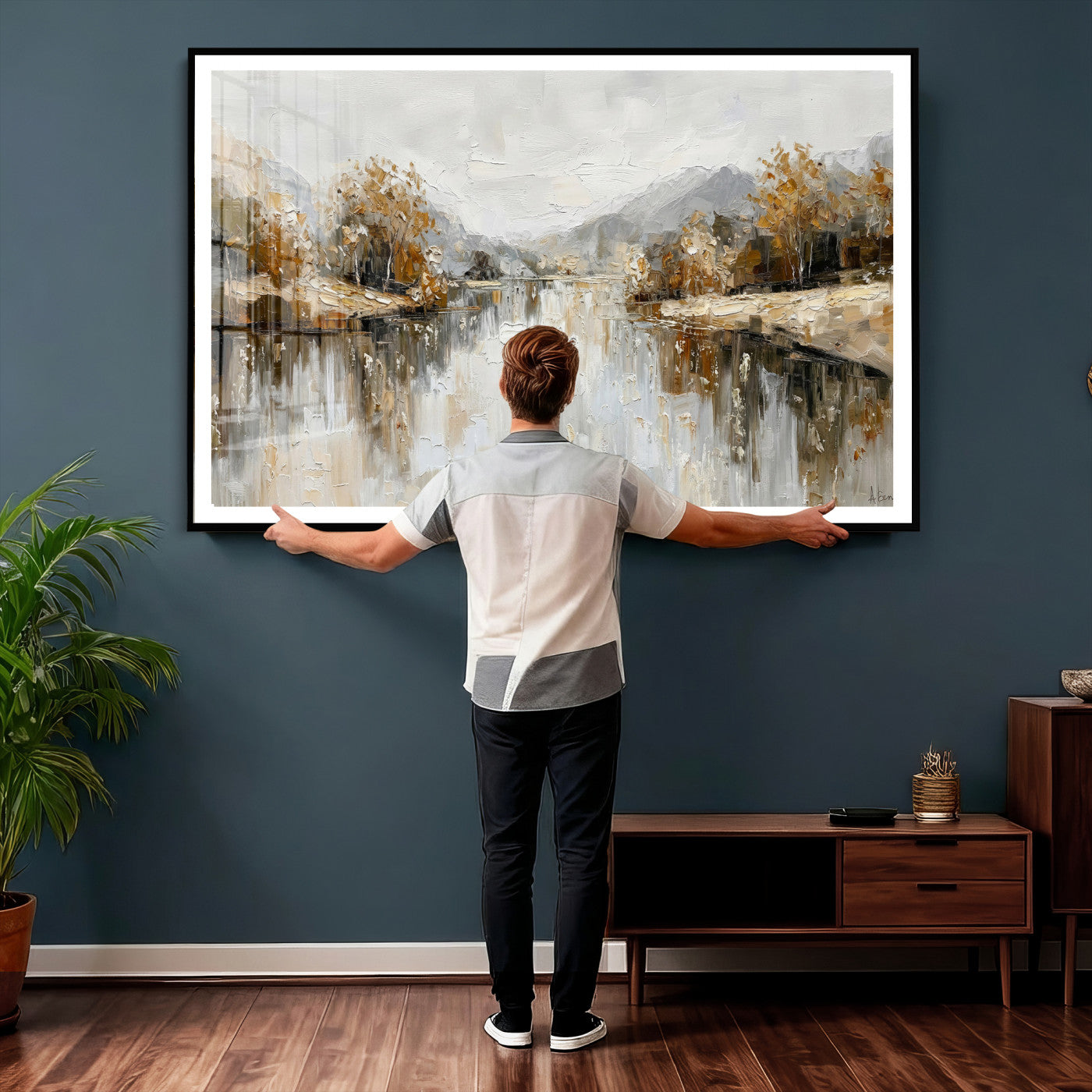 78227690-MGV-CV-36X24 - Neutral Abstract Lake Landscape Wall Art Canvas Print, Modern Minimal River Reflection Canvas Print, Beige Gray Contemporary Nature Art Printing