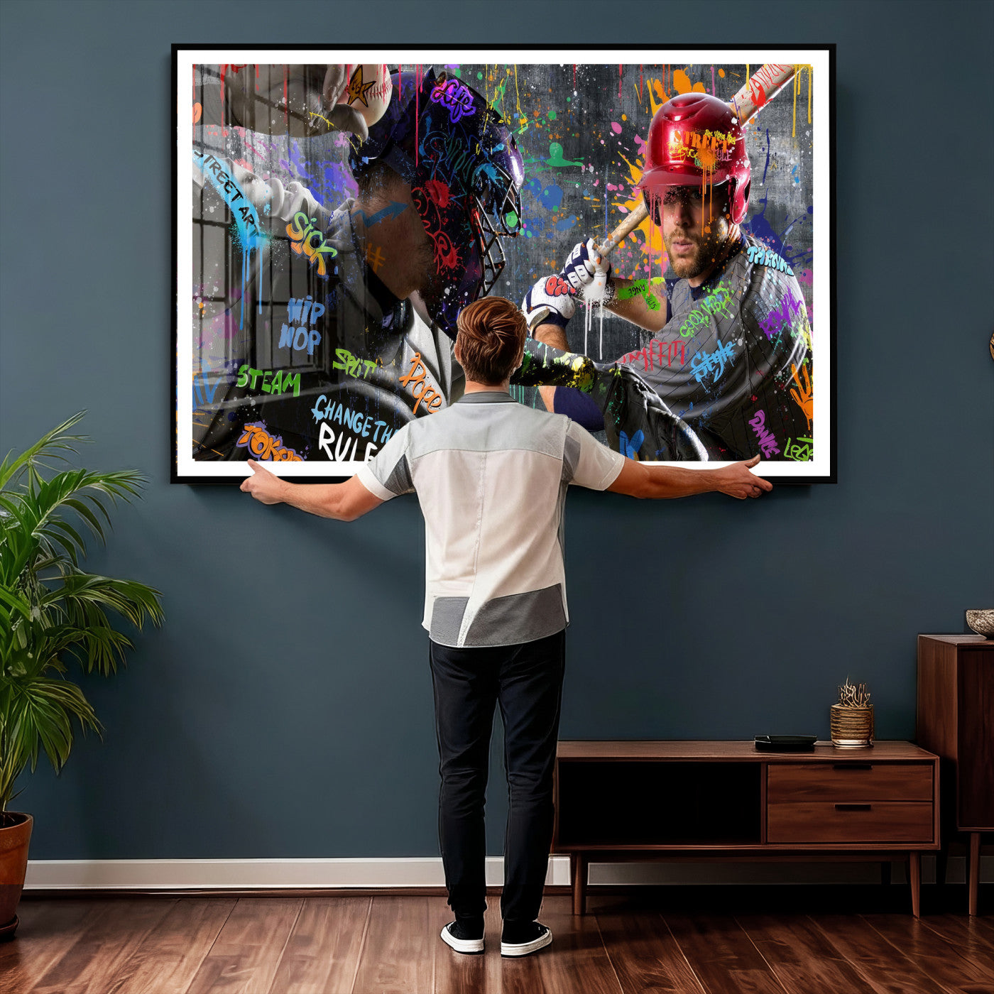 19634994-MGV-CV-36X24 - Graffiti Baseball Player Street Art Wall Art Canvas Print, Urban Sports Pop Art Baseball Canvas Print, Modern Athletic Graffiti Contemporary Art Printing