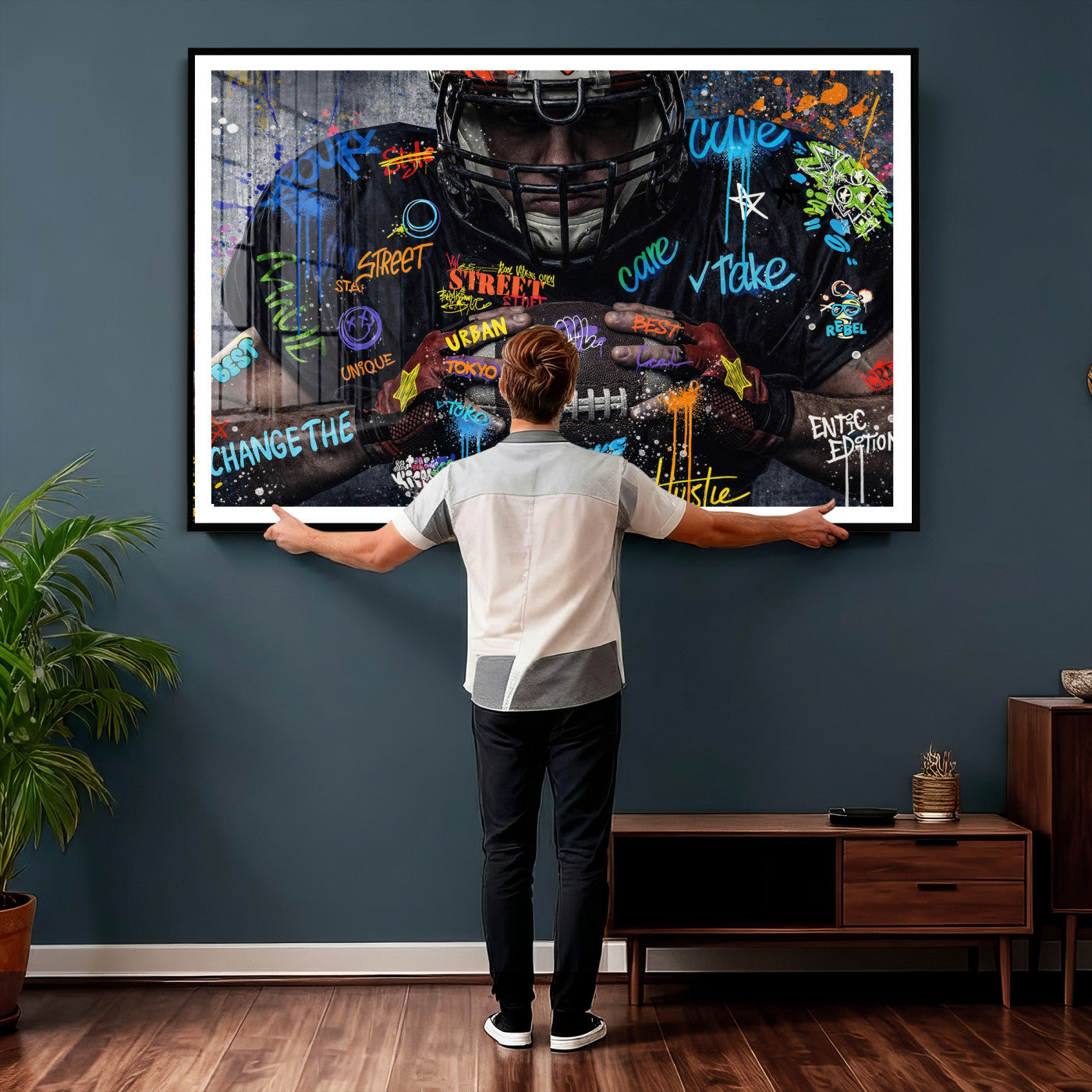 55267256-MGV-CV-36X24 - Graffiti American Football Player Street Art Wall Art Canvas Print, Urban Sports Pop Art Football Canvas Print, Modern Athletic Graffiti Contemporary Art Printing