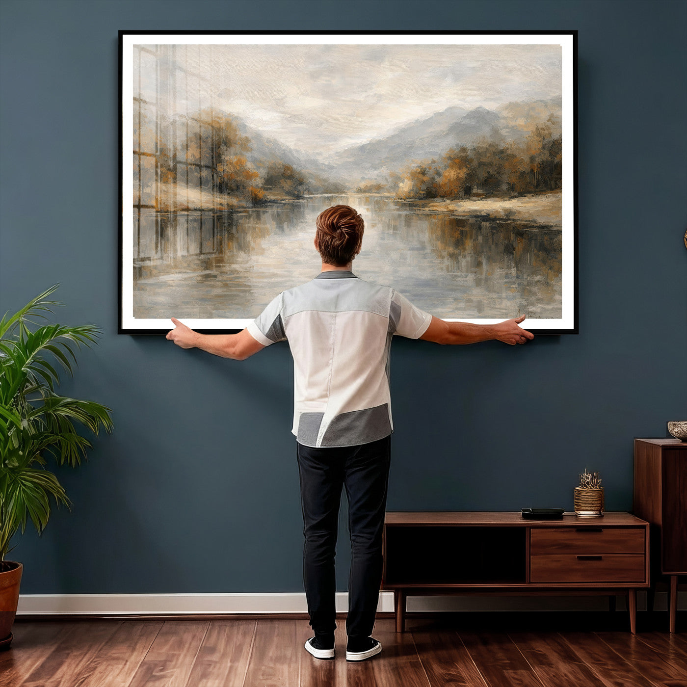 29251761-MGV-CV-36X24 - Neutral Abstract River Landscape Wall Art Canvas Print, Modern Minimal Nature Reflection Canvas Print, Beige Gray Contemporary Mountain Art Printing