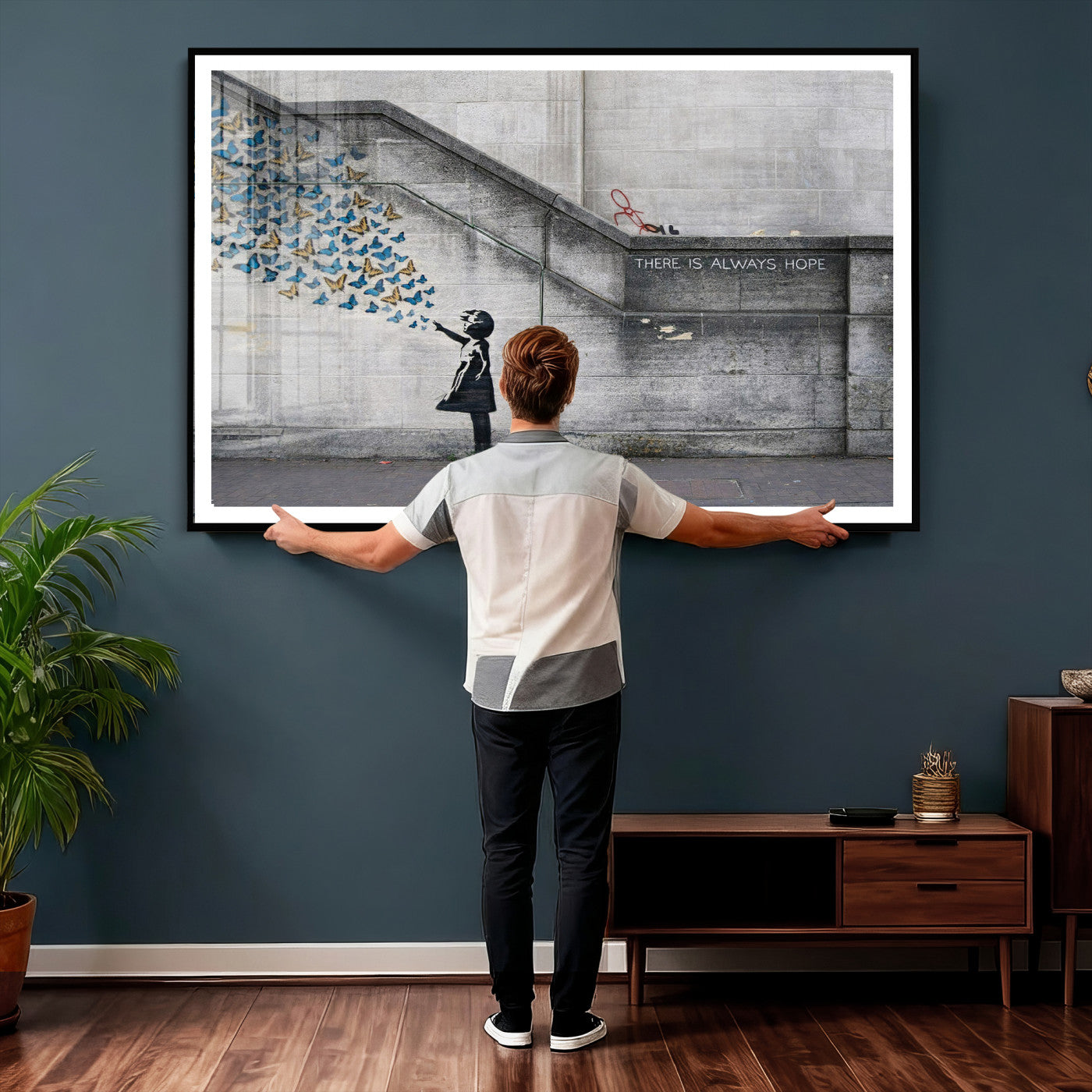15274223-MGV-CV-36X24 - Banksy Girl with Butterflies Street Art Wall Art Canvas Print, Hope Graffiti Urban Art Canvas Print, Minimalist Inspirational Street Art Contemporary Art Printing