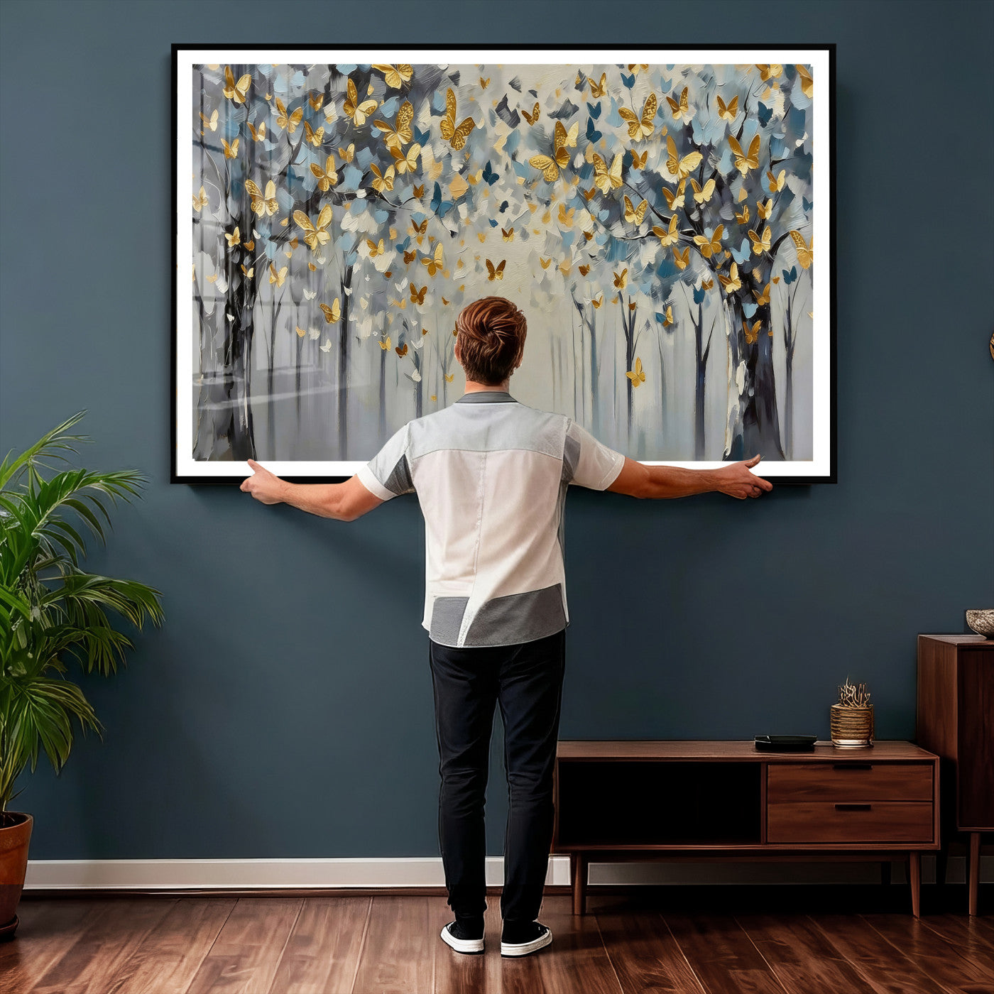 79208191-MGV-CV-36X24 - Golden Butterfly Tree Abstract Wall Art Canvas Print, Modern Elegant Nature Painting Canvas Print, Blue Gold Contemporary Floral Art Printing