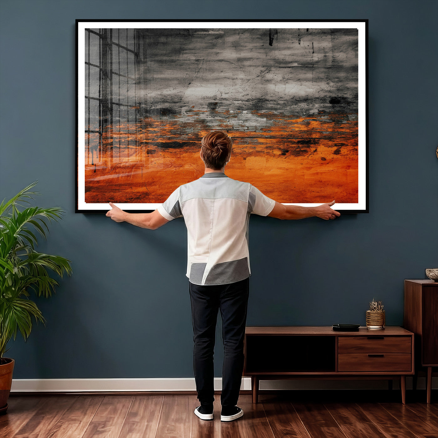 75409282-MGV-CV-36X24 - Black Orange Abstract Wall Art Canvas Print Modern Textured Painting Decor