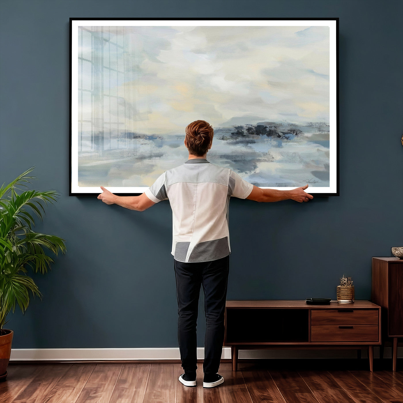 24647355-MGV-CV-36X24 - Abstract Coastal Landscape Wall Art Canvas Print – Soft Blue Gray Minimalist Painting