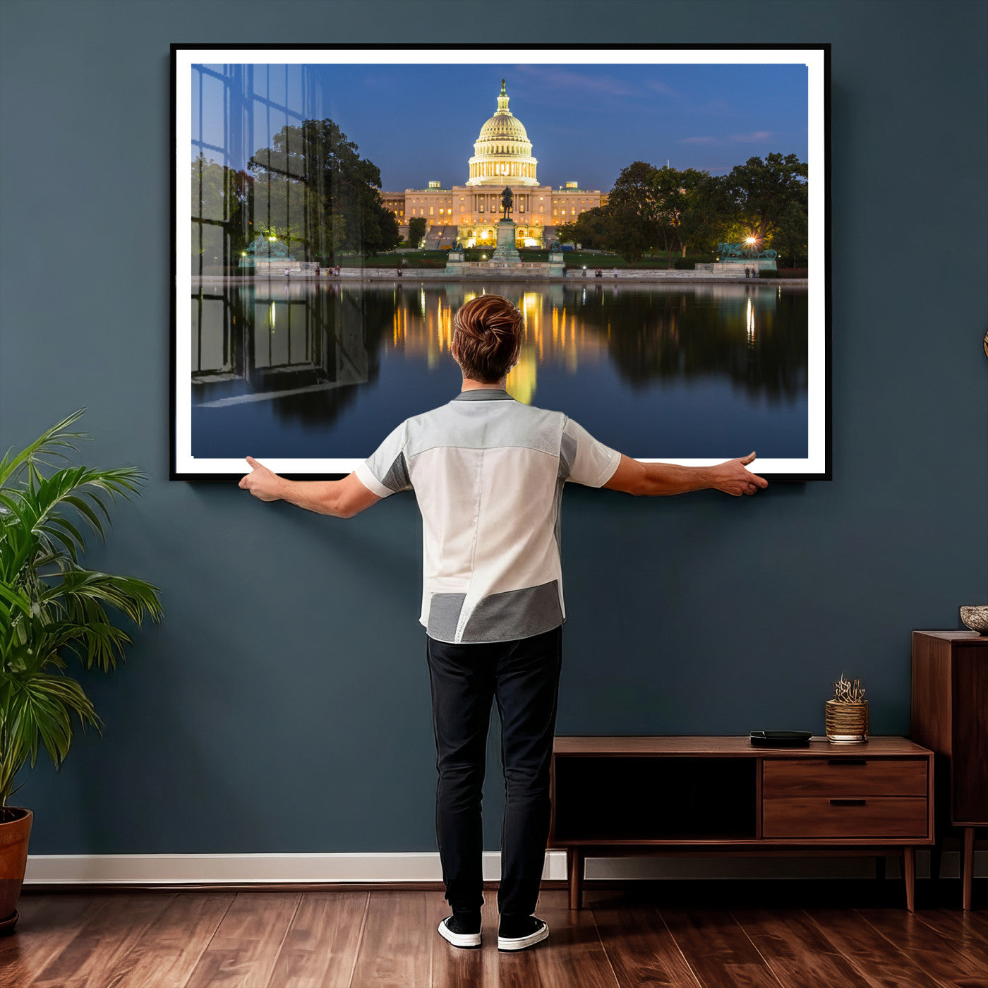 95568590-MGV-CV-36X24 - US Capitol Building Wall Art Canvas Print – Washington DC Landmark Night Reflection Artwork for Office Decor