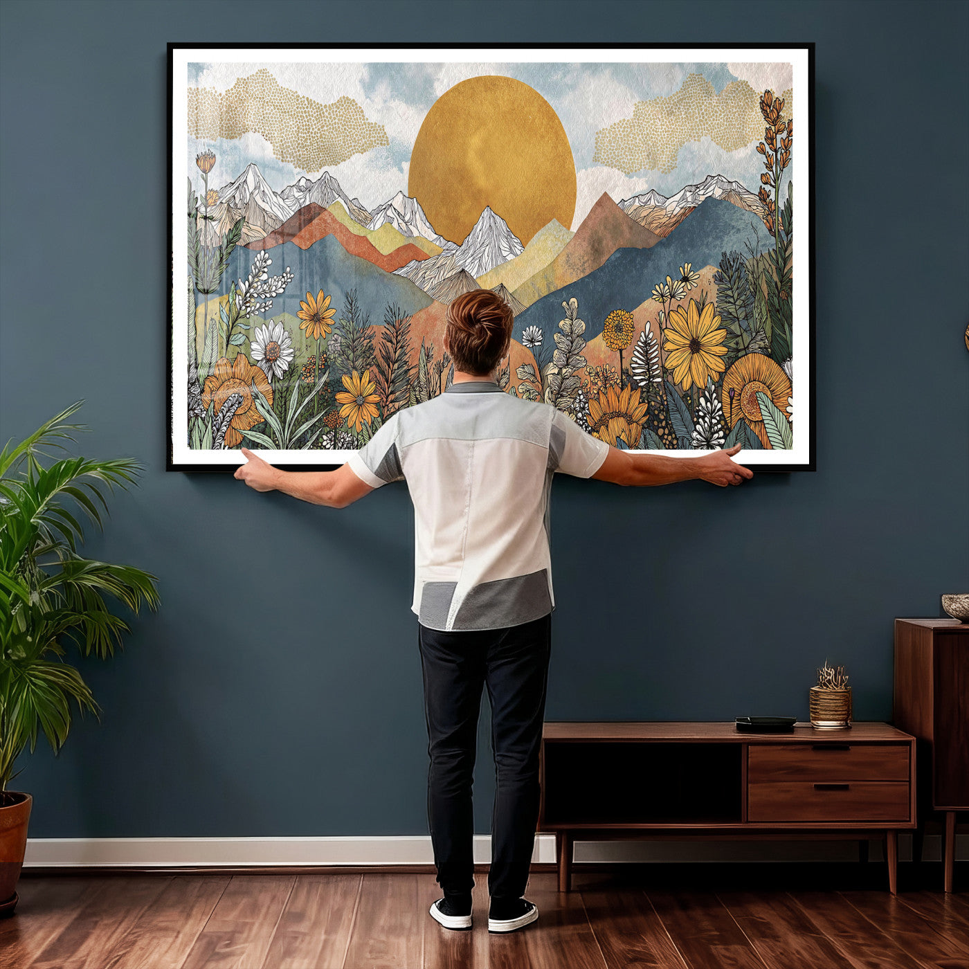 17540863-MGV-CV-36X24 - Boho Mountain Landscape Large Wall Art, Horizontal Gold Framed Canvas Print with Sun and Flowers