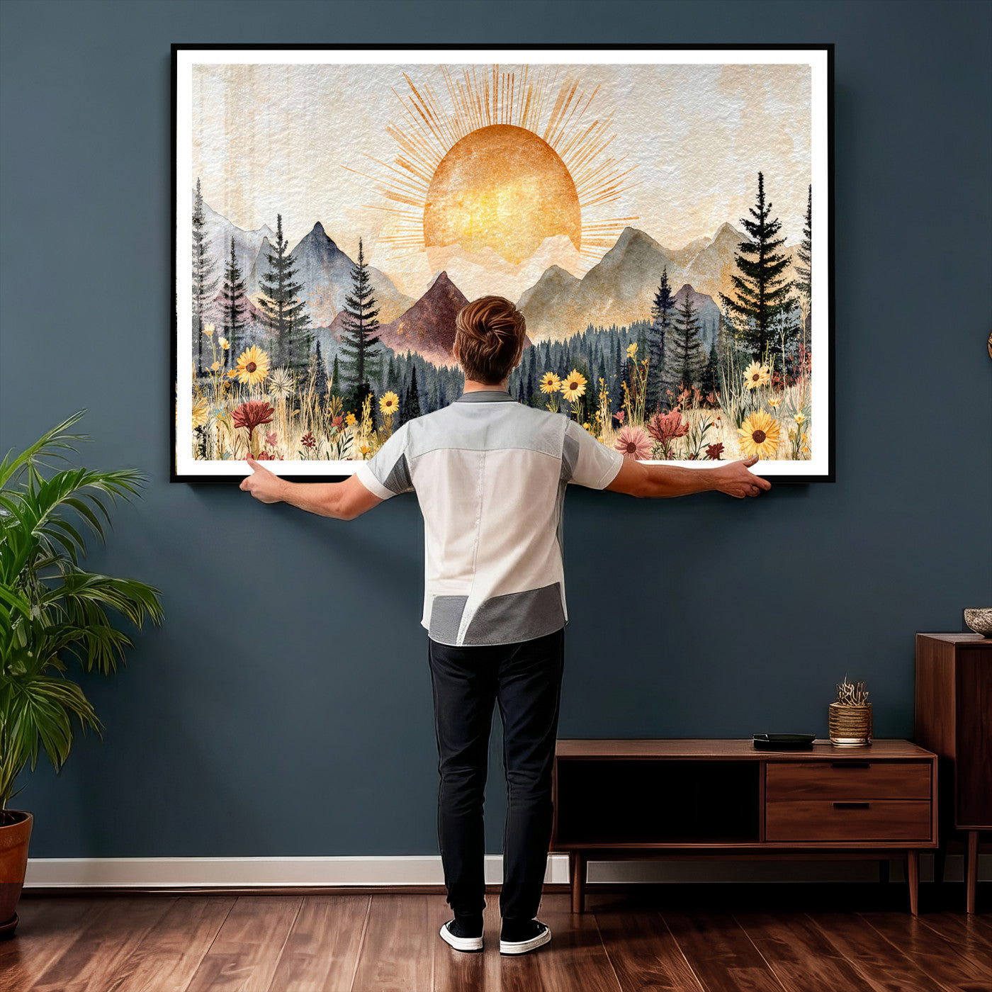 69025244-MGV-CV-36X24 - Boho Mountain Landscape Large Wall Art, Horizontal Gold Framed Canvas Print with Sun and Flowers