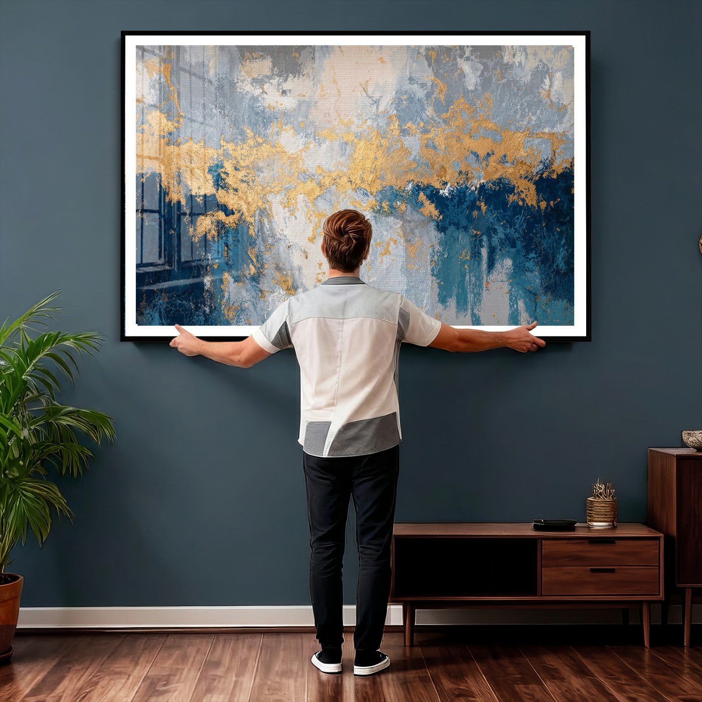 65386119-MGV-CV-36X24 - Blue Gold Abstract Large Framed Canvas Wall Art, Modern Luxury Painting Print in Horizontal Oversized Minimal Wall Decor Artwork