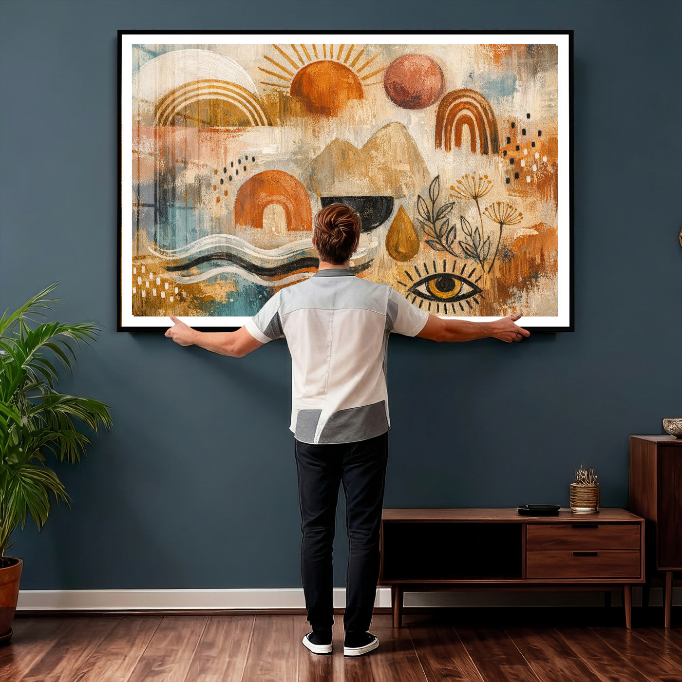 52155239-MGV-CV-36X24 - Geometric Boho Abstract Wall Art Canvas Print, Orange Blue Abstract Expressionist Painting Print, Modern Geometric Abstract Canvas Art
