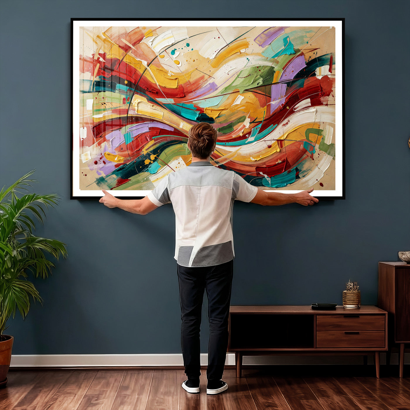 39887645-MGV-CV-36X24 - Geometric Abstract Wall Art Canvas Print, Orange Blue Abstract Expressionist Painting Print, Modern Geometric Abstract Canvas Art