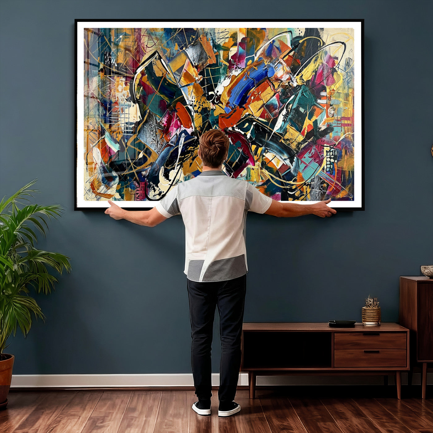15525527-MGV-CV-36X24 - Geometric Abstract Wall Art Canvas Print, Orange Blue Abstract Expressionist Painting Print, Modern Geometric Abstract Canvas Art
