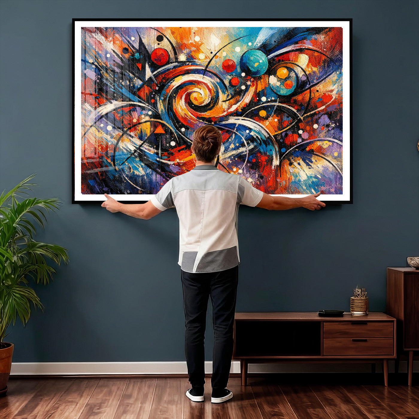 60193267-MGV-CV-36X24 - Geometric Abstract Wall Art Canvas Print, Orange Blue Abstract Expressionist Painting Print, Modern Geometric Abstract Canvas Art