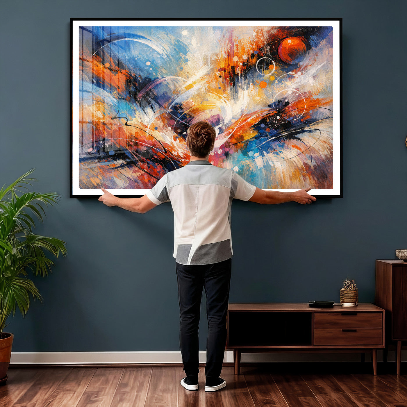 47770355-MGV-CV-36X24 - Geometric Abstract Wall Art Canvas Print, Orange Blue Abstract Expressionist Painting Print, Modern Geometric Abstract Canvas Art