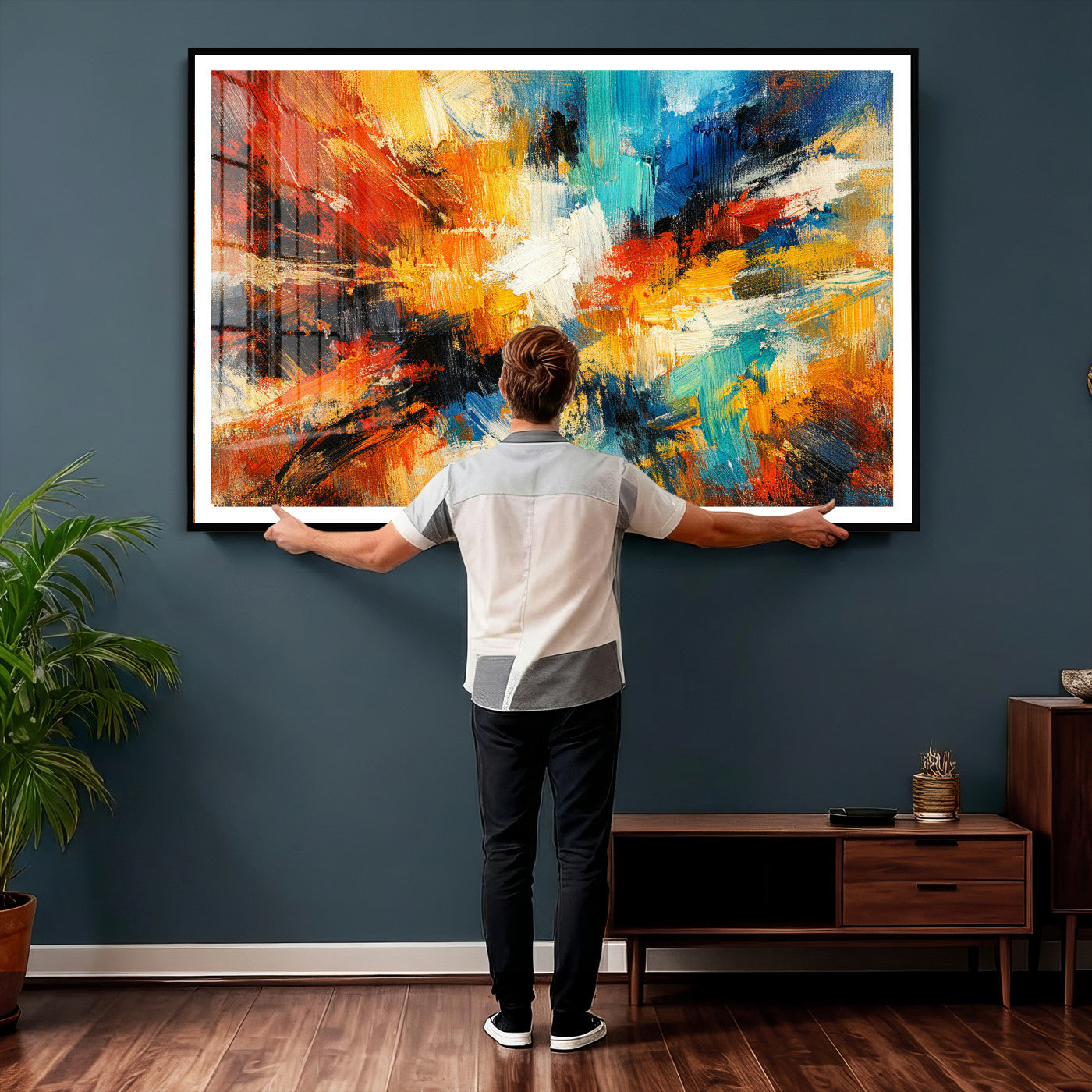 93167583-MGV-CV-36X24 - Geometric Abstract Wall Art Canvas Print, Orange Blue Abstract Expressionist Painting Print, Modern Geometric Abstract Canvas Art