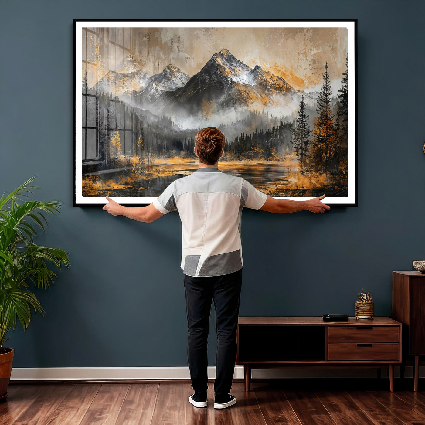 4712069D1-MGV-CV-36X24 - Mountain Lake Canvas Wall Art — Rustic Forest Landscape Print | Gold Grey Nature Decor | Cabin Wall Art | Large Wilderness Art Print Gift
