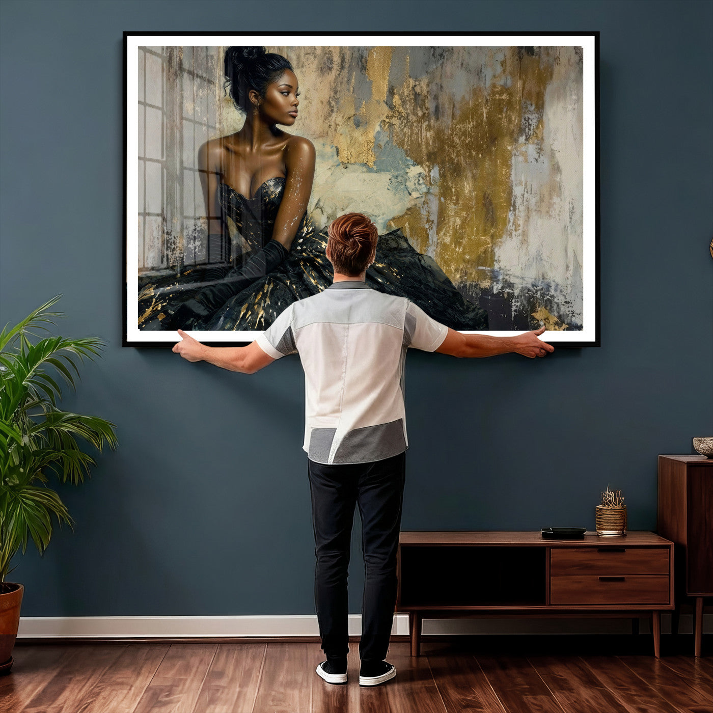 4712069Z1-MGV-CV-36X24 - Elegant Woman Canvas Wall Art — Black Gold Gown Fashion Print | Luxury Glam Wall Decor | African American Art | Bold Bedroom Wall Art Gift