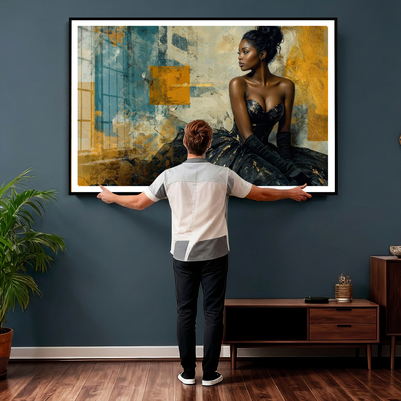 4712069Z21-MGV-CV-36X24 - Elegant Woman Canvas Wall Art — Black Gold Gown Fashion Print | Luxury Glam Wall Decor | African American Art | Bold Bedroom Wall Art Gift