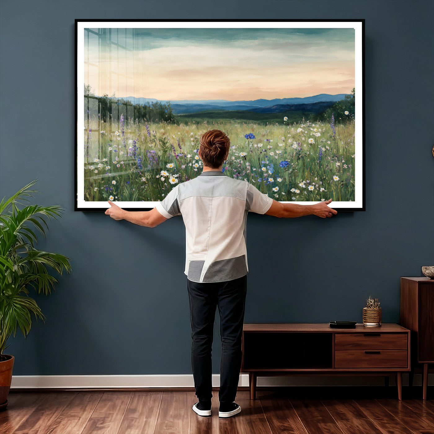 35773805-MGV-CV-36X24 - Wildflower Meadow Oil Painting Canvas — Daisy Lavender Mountain Sunset Print | Cottagecore Floral Wall Art | Bedroom Decor Gift for Her