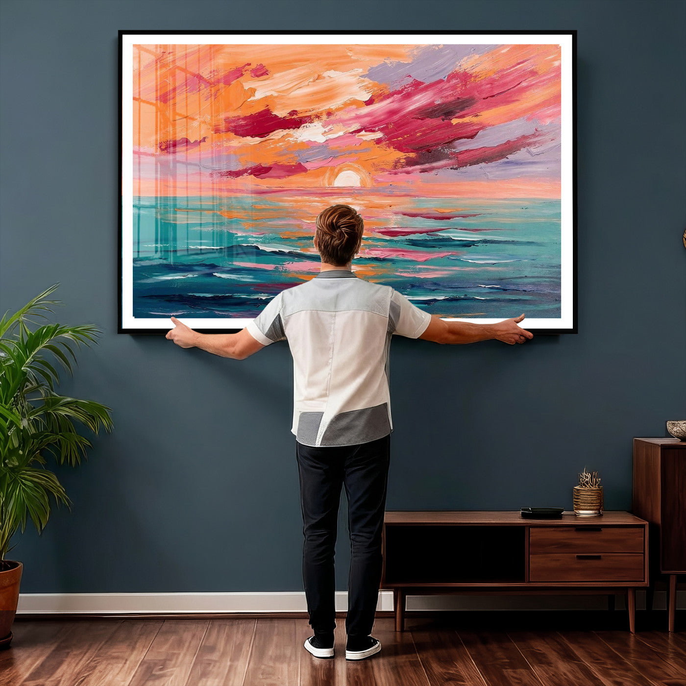 26763902-MGV-CV-36X24 - Bold Palette Knife Ocean Sunset Canvas — Orange Pink Teal Expressionist Sea Print | Colorful Coastal Wall Art | Vibrant Beach Decor Gift