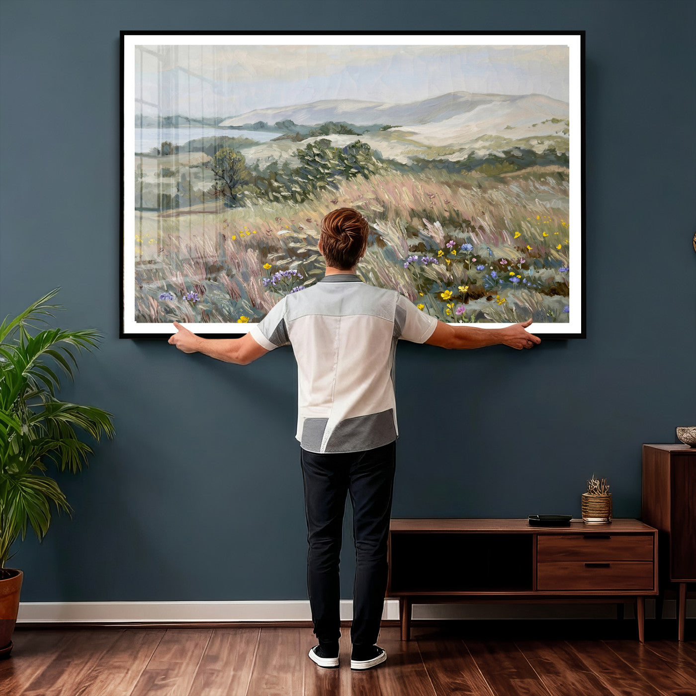 18013232-MGV-CV-36X24 - Katie Staples Hillside Canvas Wall Art — Coastal Wildflower Dune Oil Painting Print | Muted Green Nature Decor | Plein Air Landscape Gift