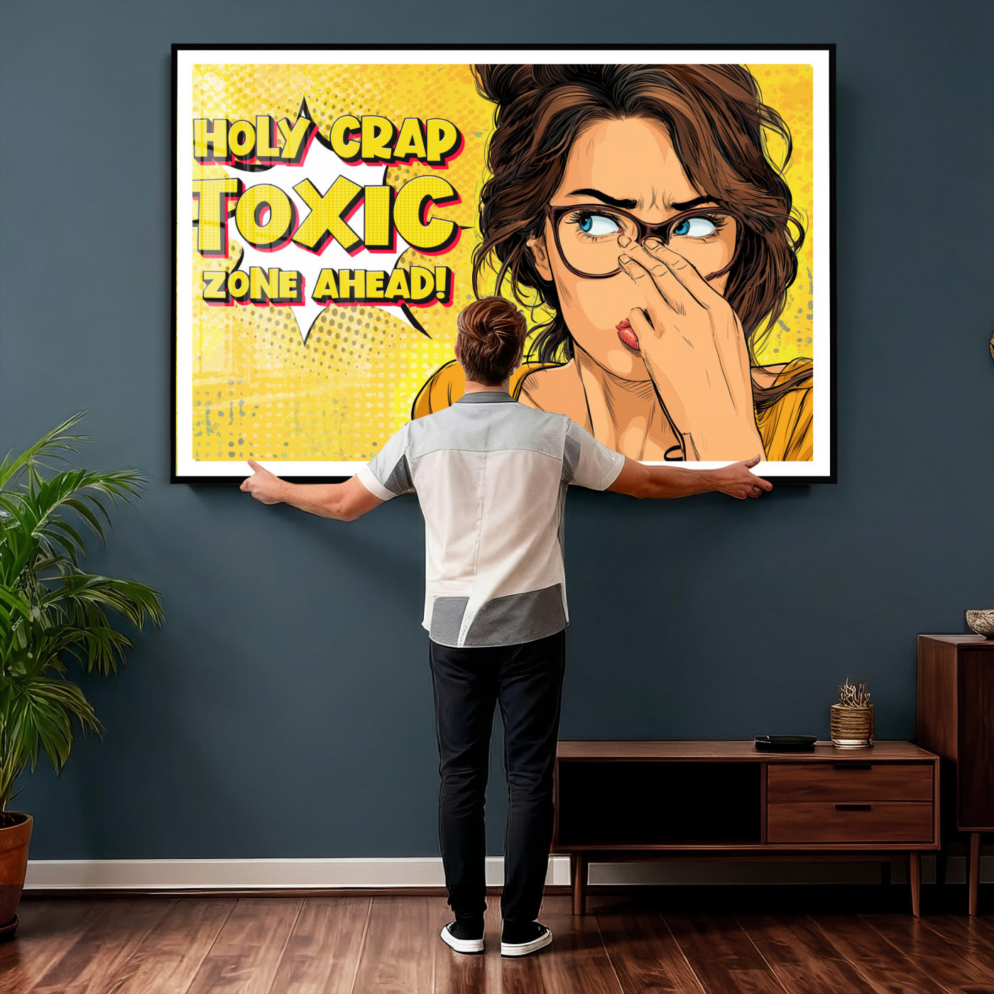 96263876-MGV-CV-36X24 - Pop Art Print Bathroom Sign Wall Art Canvas Print — Funny Bathroom Canvas | Comic Style Toilet Wall Decor | Humor Gift | Yellow Bold Bathroom Art