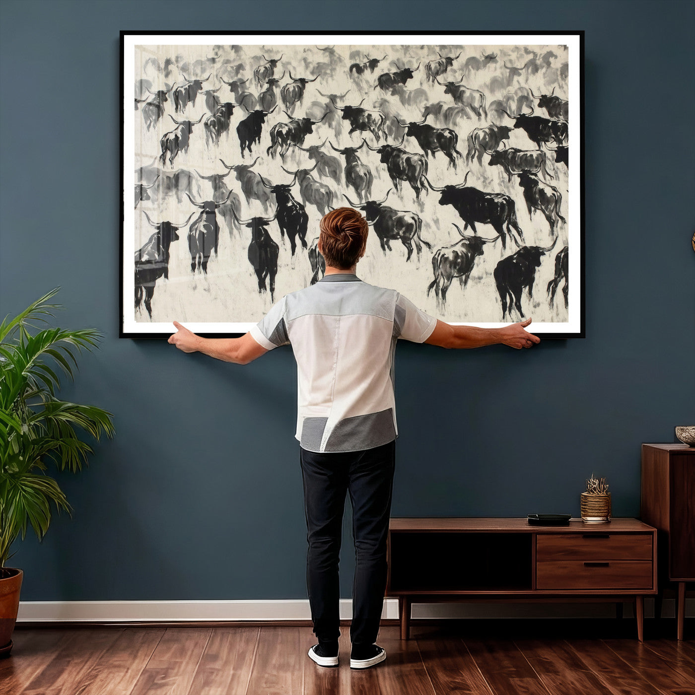 68669792-MGV-CV-36X24 - Longhorn Cattle Canvas Wall Art, Black White Stampede Ink Painting Print, Western Farmhouse Decor, Bull Herd Art, Large Living Room Wall Art, Ranch Home Decor