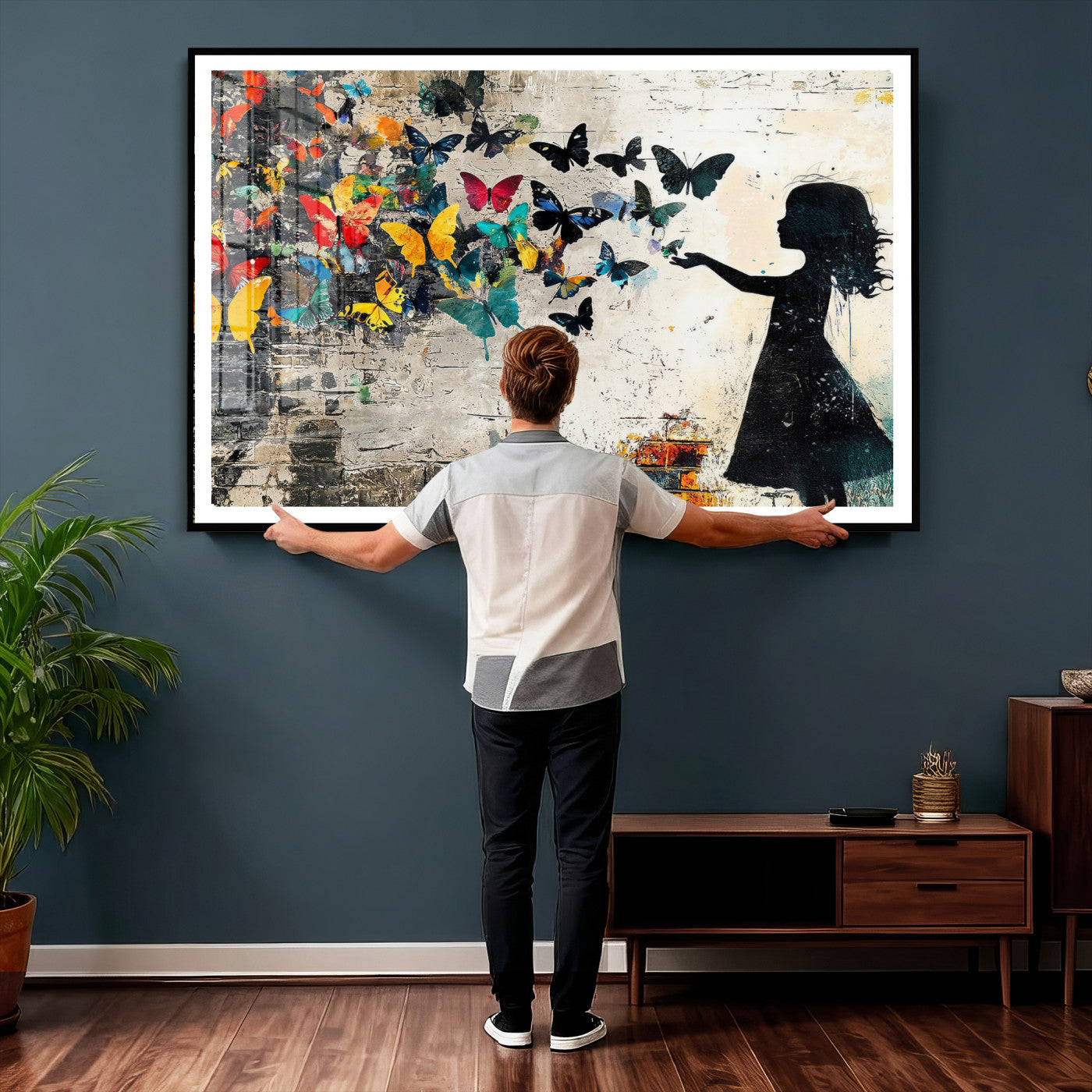33909022-MGV-CV-36X24 - Banksy Butterfly Girl Wall Art Canvas Print, Framed Street Art Silhouette Graffiti Artwork, Colorful Butterfly Wall Decor for Living Room Bedroom Office