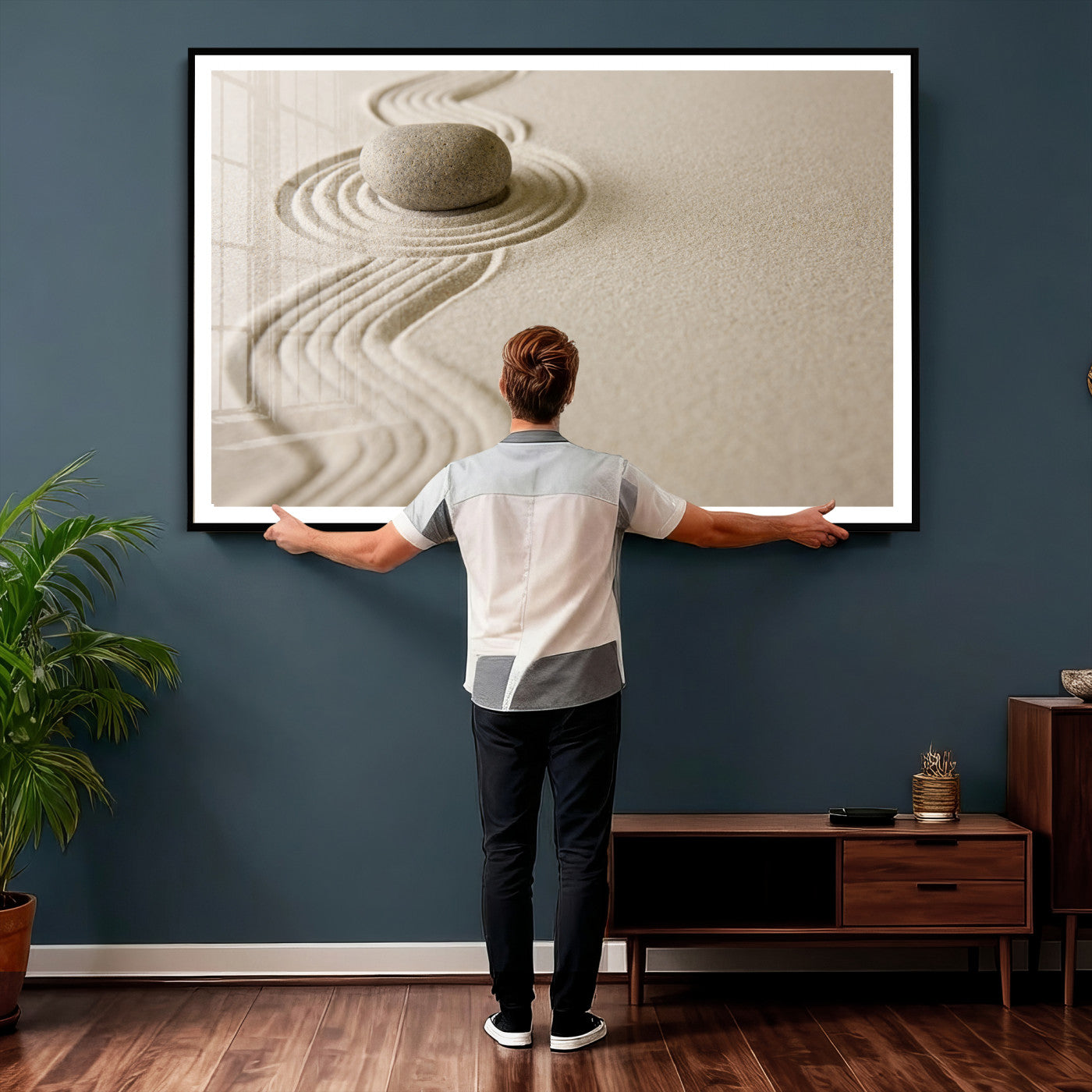 66852661-MGV-CV-36X24 - Zen Garden Stone Sand Canvas | Japanese Rock Garden Wall Art | Minimalist Meditation Print | Neutral Beige Mindfulness Decor
