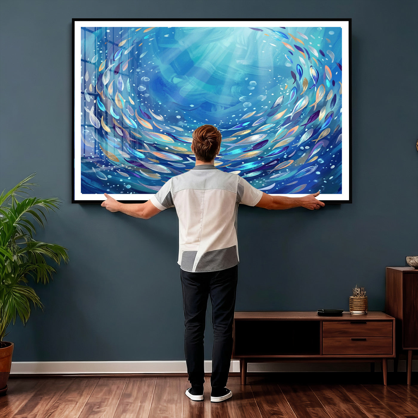 78699899-MGV-CV-36X24 - School of Fish Canvas Print | Blue Ocean Underwater Wall Art | Swirling Fish Shoal Illustration | Marine Navy Coastal Decor