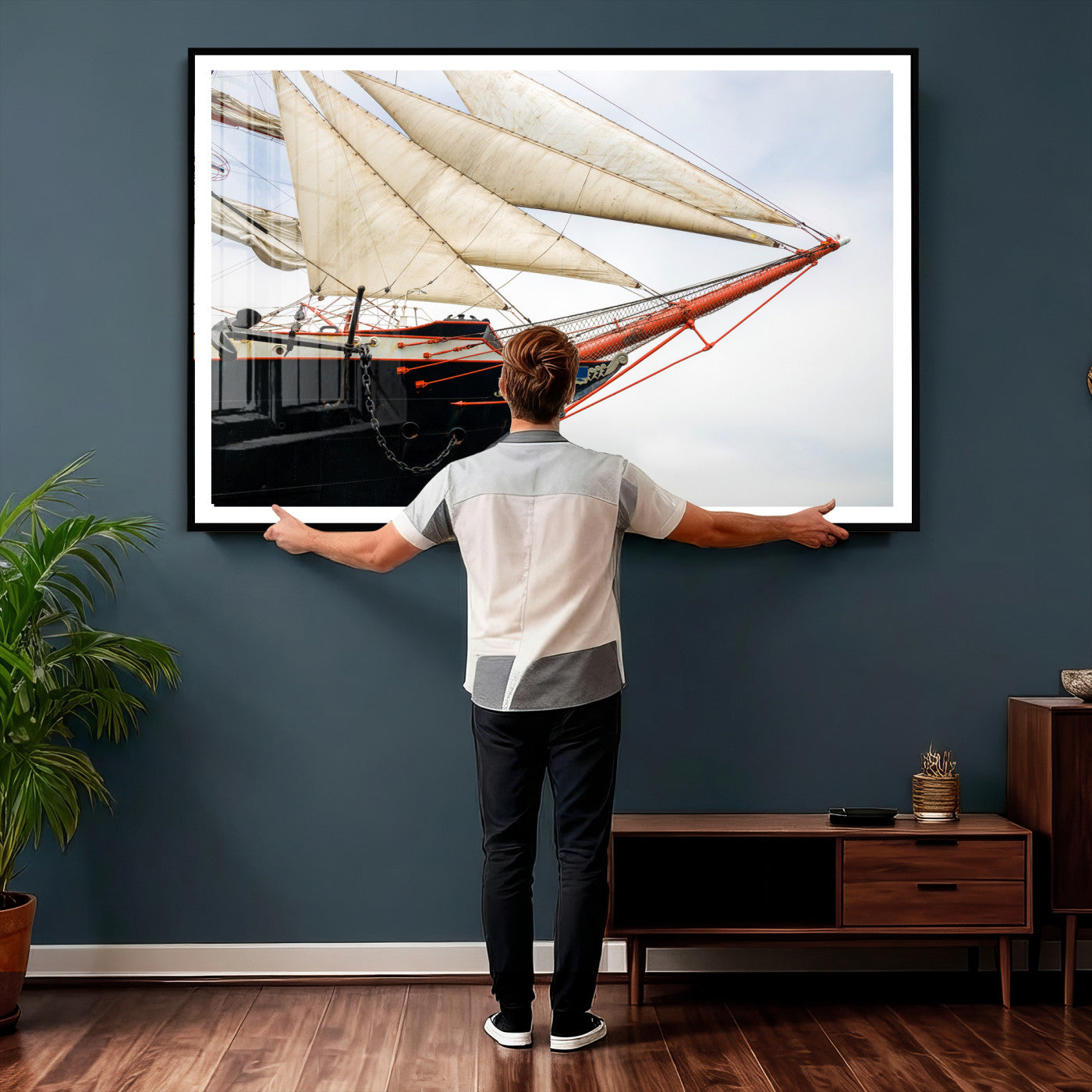64830036-MGV-CV-36X24 - Sailboat Wall Art Canvas Print, Vintage Ship Bow Framed Artwork, Nautical Sailing Decor for Living Room Office Beach House