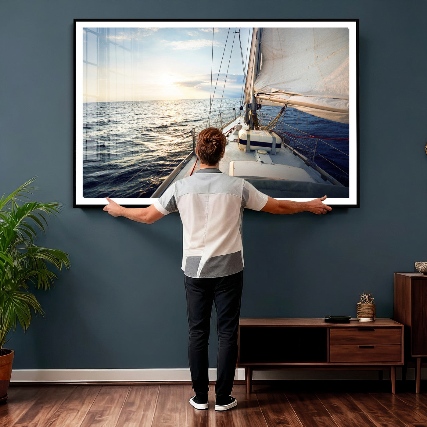 76381335-MGV-CV-36X24 - Sailboat Wall Art Canvas Print, Ocean Sunset Sailing Framed Artwork, Coastal Nautical Seascape Decor for Living Room Office Beach House