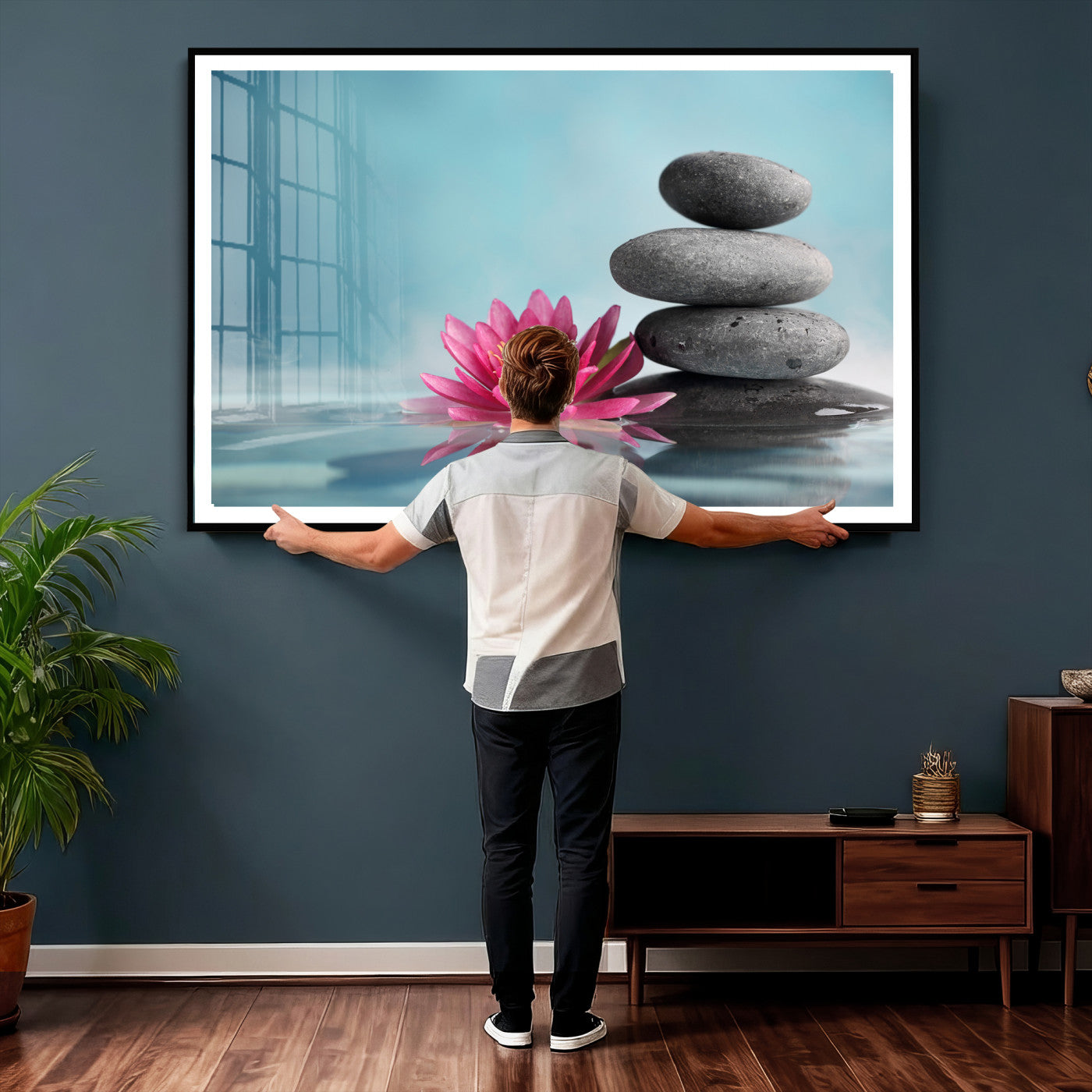 84293154-MGV-CV-36X24 - Zen Canvas Wall Art Lotus Flower Stacked Stones Teal Spa Meditation Relaxation Framed Large for Bathroom Bedroom Living Room Office Decor