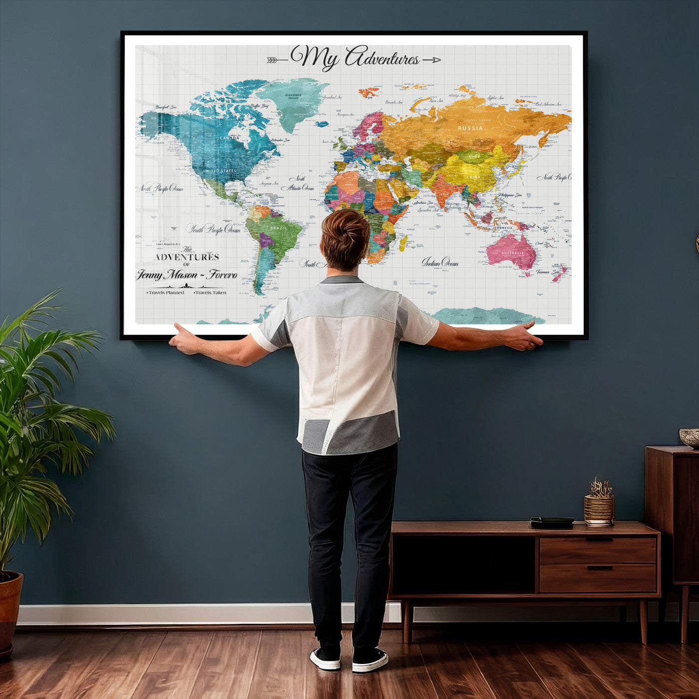 56239817-MGV-CV-36X24 - Custom Push Pin Watercolor World Map Canvas Wall Art Print – Abstract Colorful Travel Wall Decor