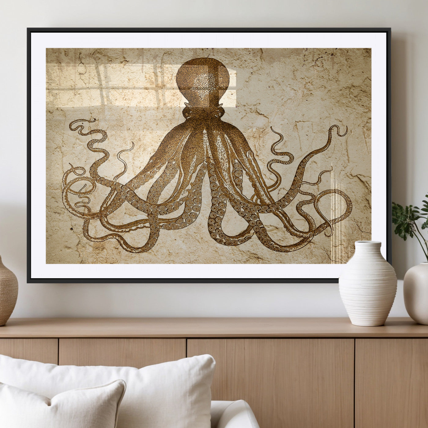 MGC-FP-36x24 - Sepia Octopus Wall Art Abstract Animal Canvas Print