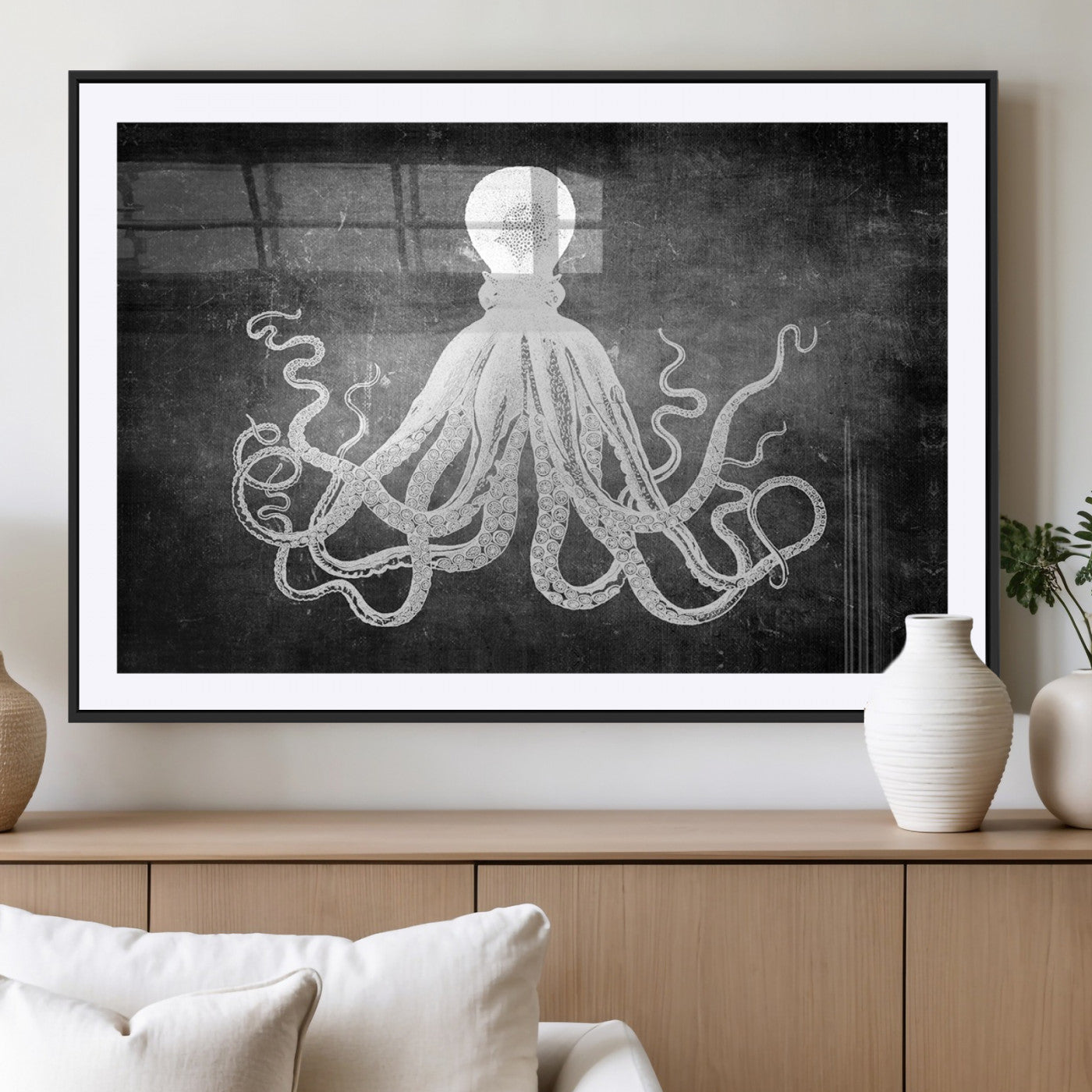 MGC-FP-36x24 - Black White Octopus Wall Art Canvas Print