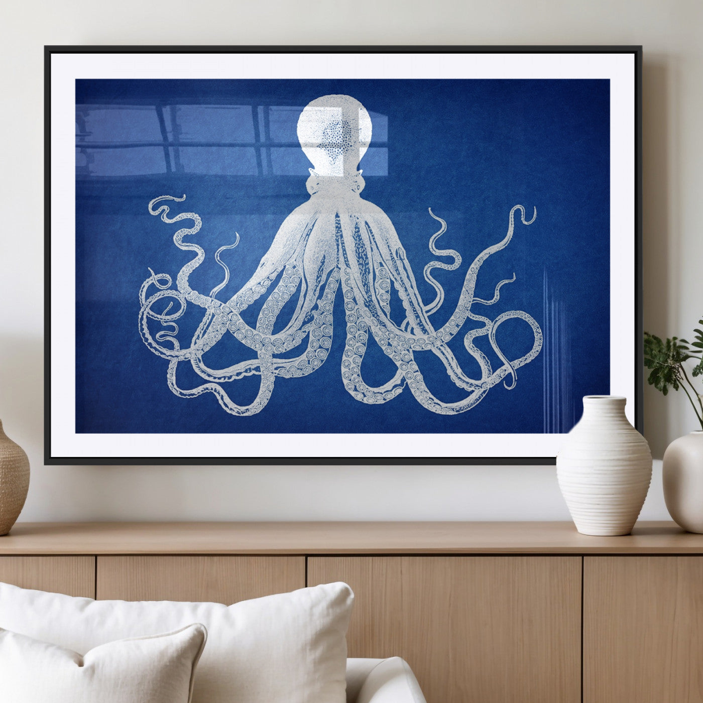 MGC-FP-36x24 - Large 3-Panel Blue Octopus Canvas Wall Art | Coastal Marine Life Artwork for Living Room, Bedroom,