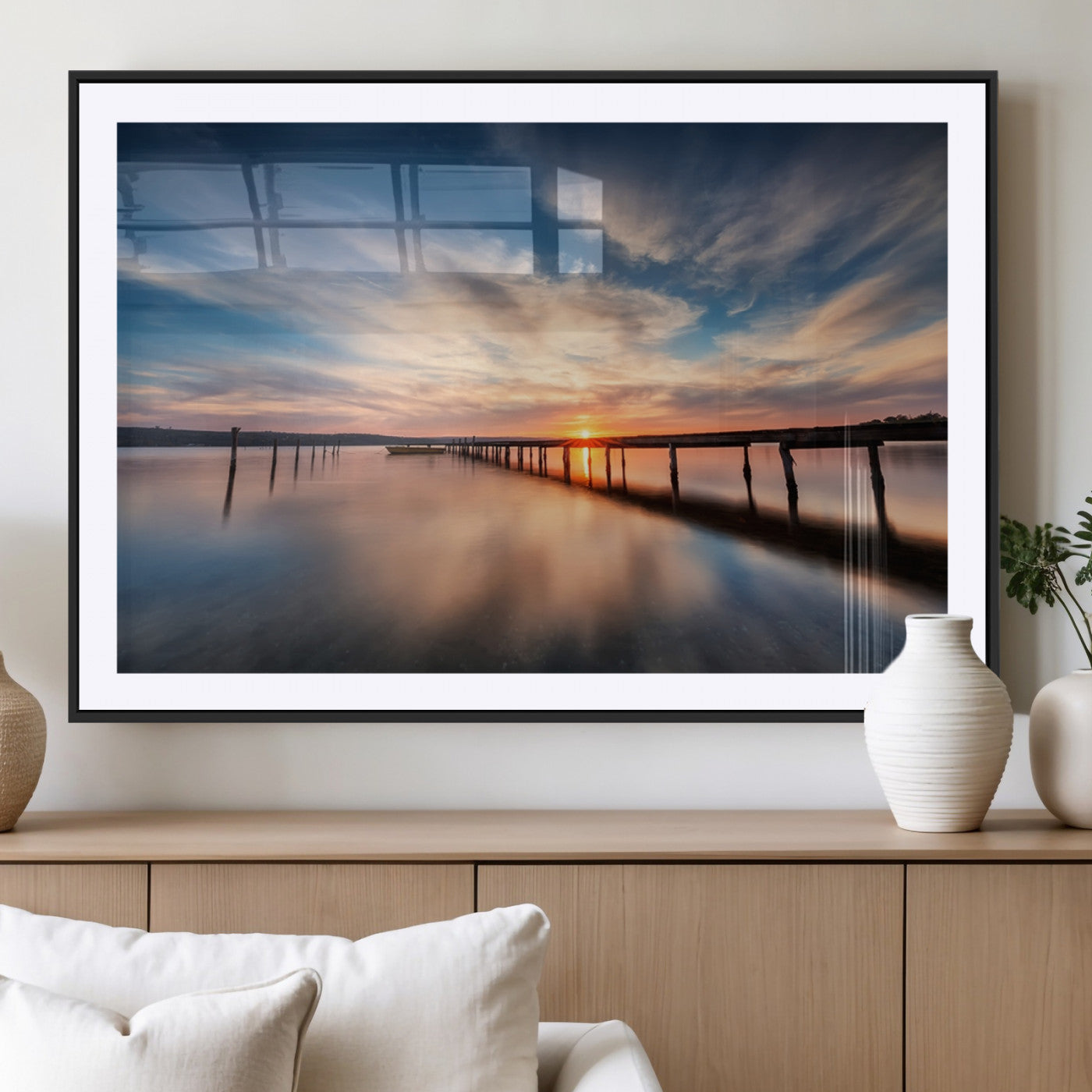 MGC-FP-36x24 - Wooden Pier on Seascape and Sunset Wall Art Canvas Print