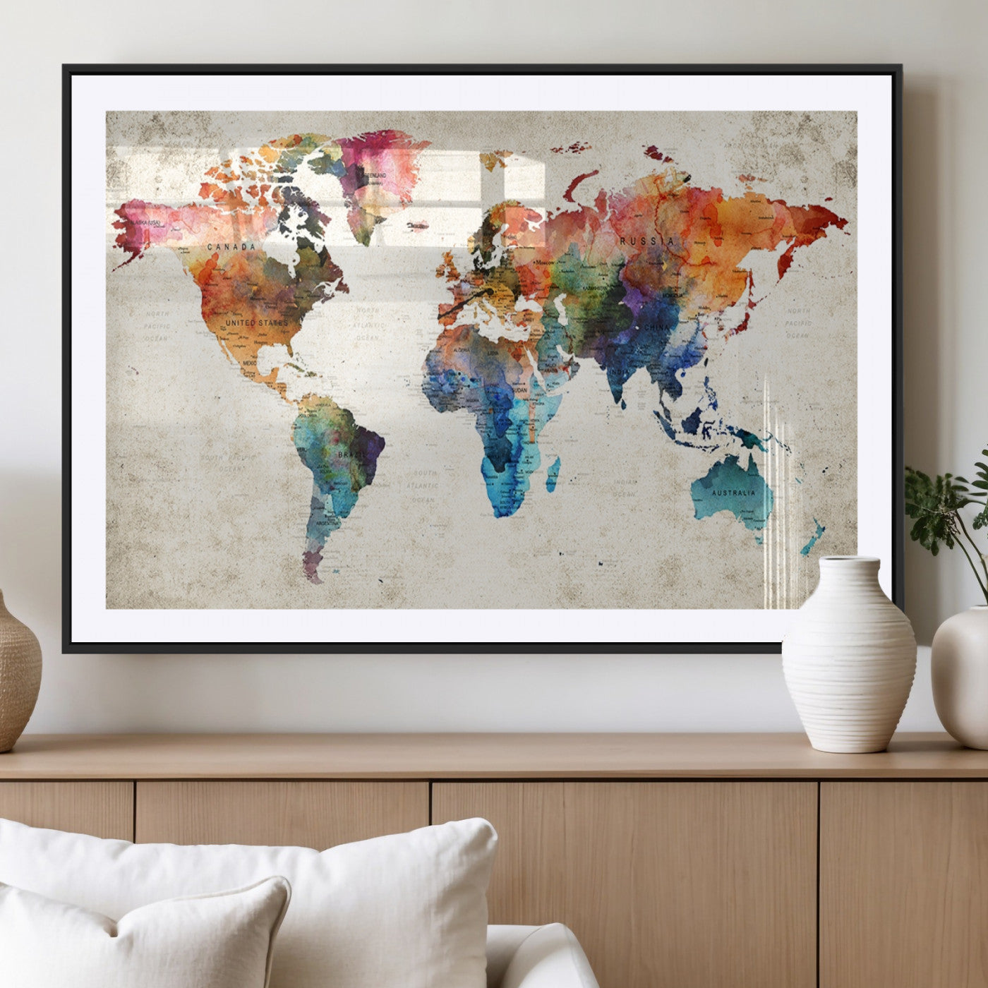 MGC-FP-36x24 - Push Pin World Map Canvas Print – Framed Wall Art for Couples to Track Their Travels – Anniversary