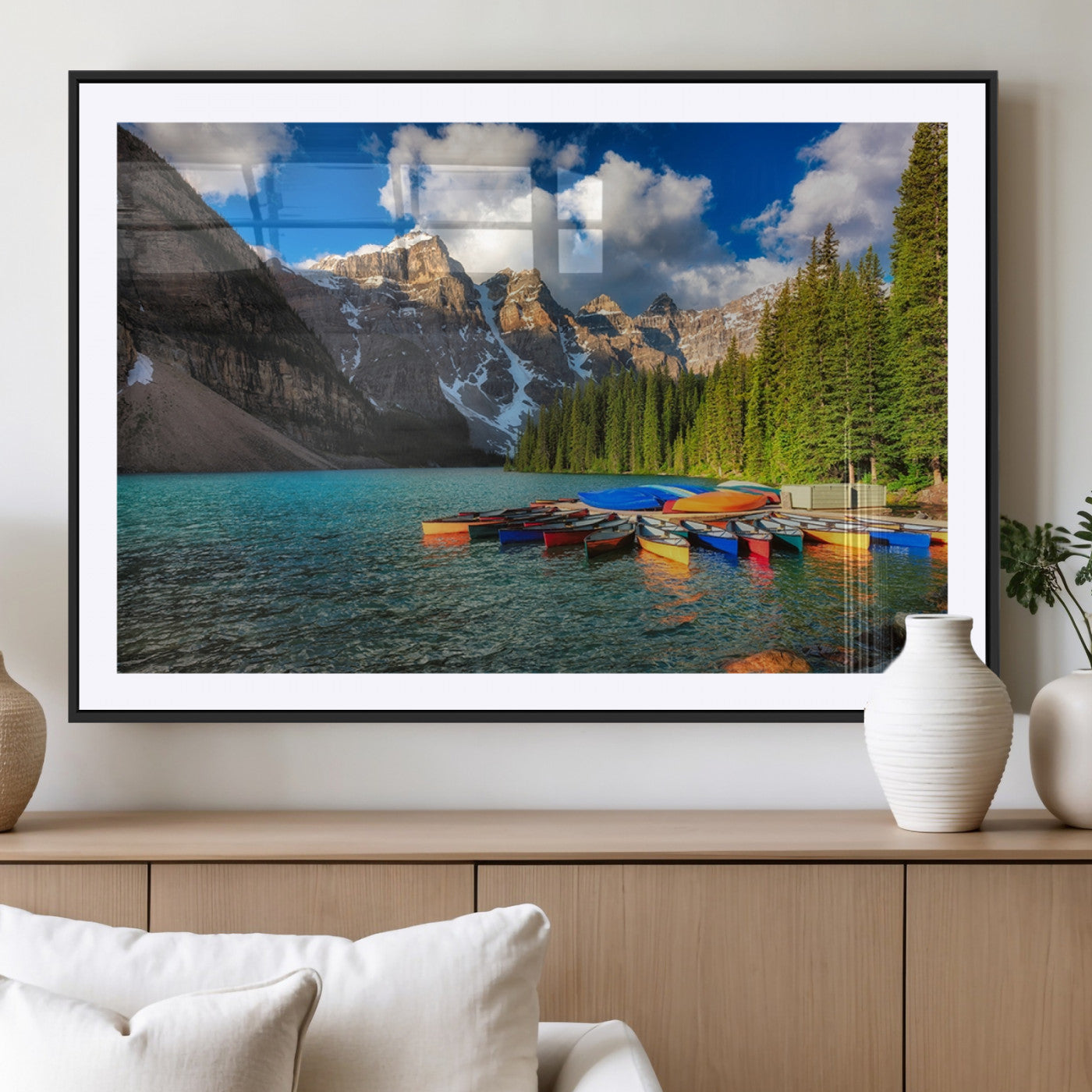 MGC-FP-36x24 - Moraine Lake 3-Panel Wall Art, Majestic Mountain and Lake Landscape Canvas Print Canoes on Moraine