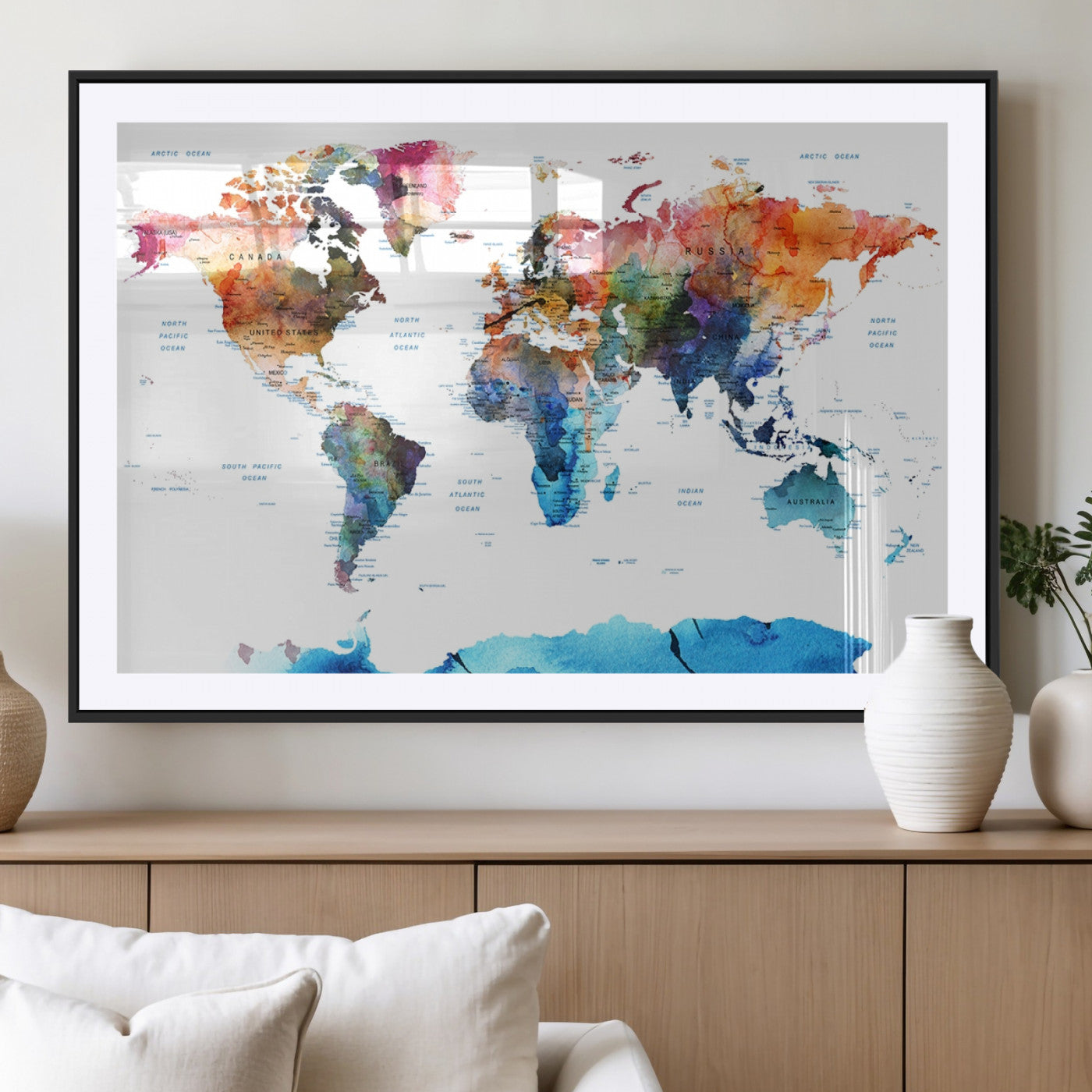 MGC-FP-36x24 - Push Pin World Map Canvas Print – Framed Wall Art for Couples to Track Their Travels – Anniversary