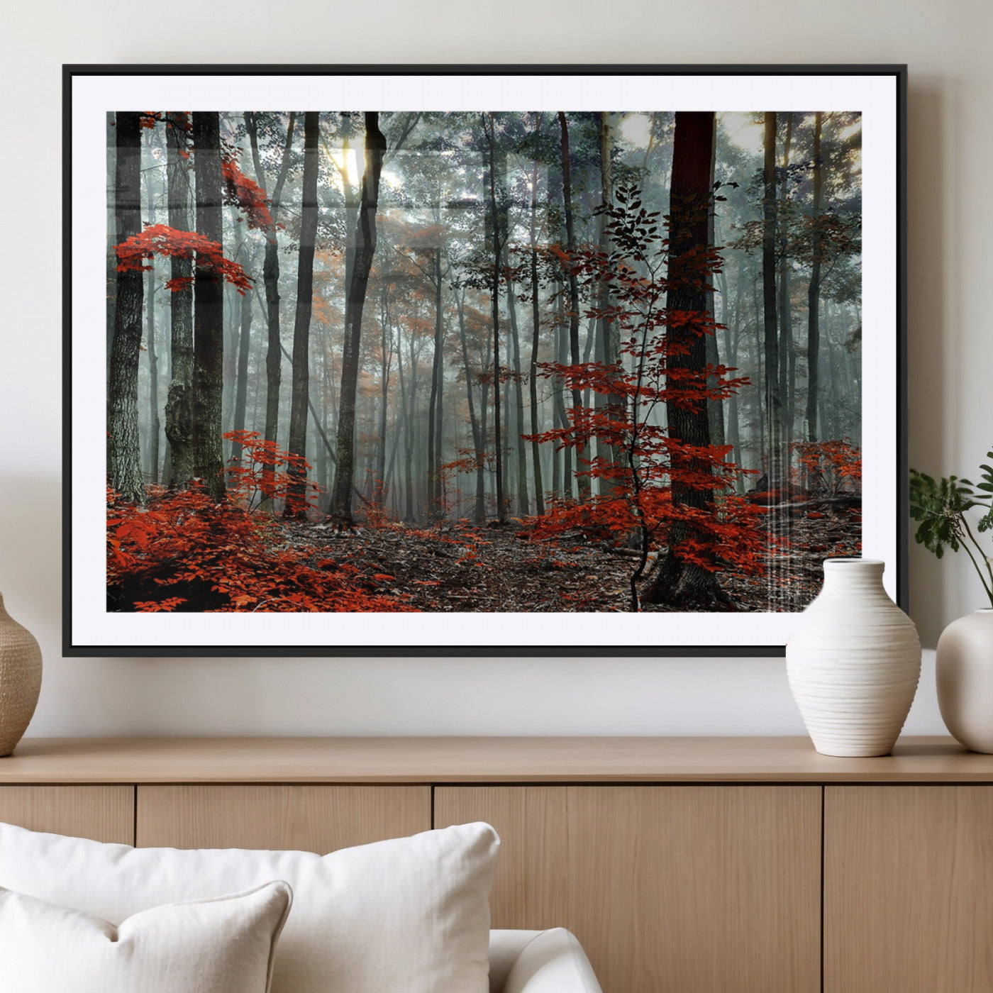 MGC-FP-36x24 - Autumn Forest Canvas Wall Art – Enchanting Red Leaves Triptych Print – Nature-Inspired Decor for