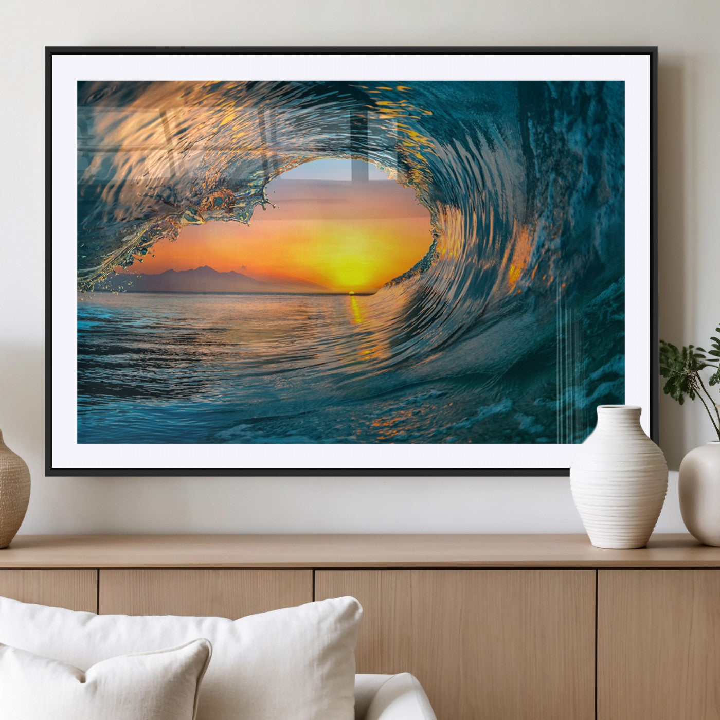 MGC-FP-36x24 - Ocean Wave Sunset Wall Art | Large Coastal Wave Canvas Print | 3-Panel Ocean Sunset Seascape for