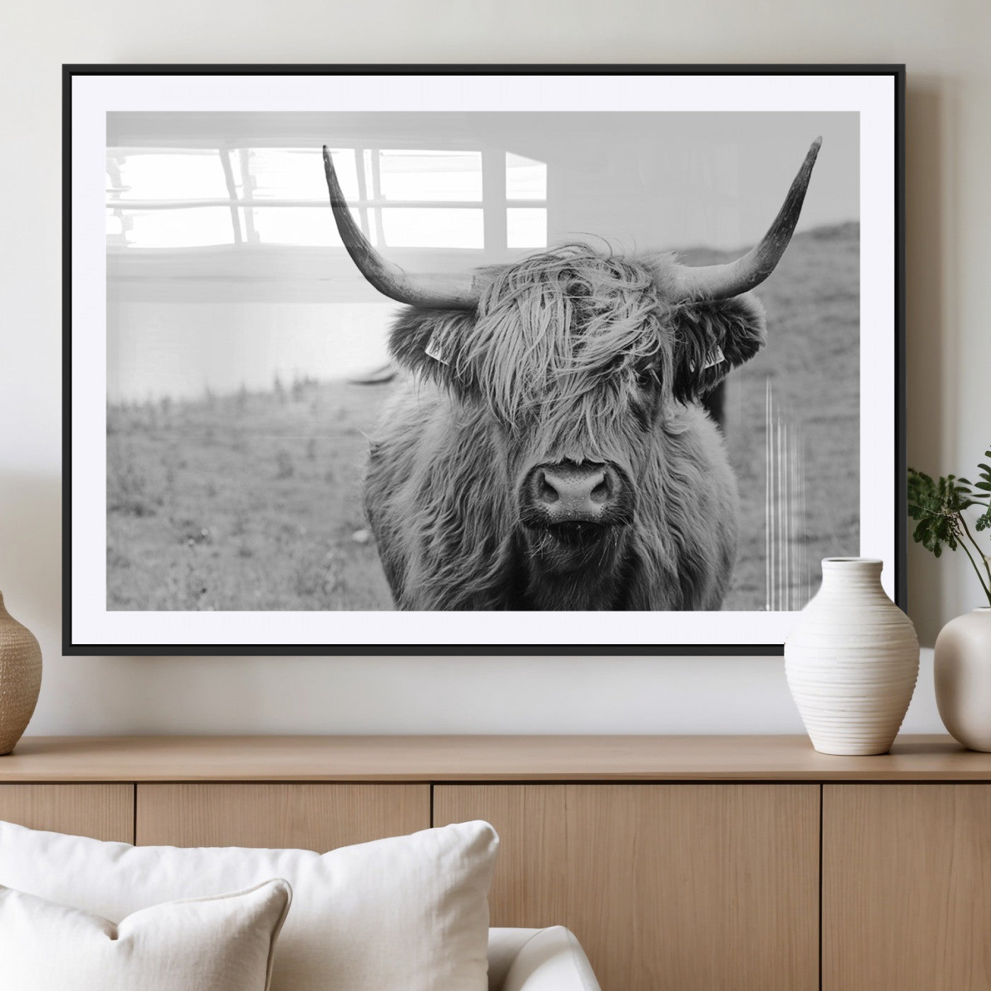MGC-FP-36x24 - Newfoundland Cow Art Wall Art, Black White Cow Art Wall Art Canvas Print